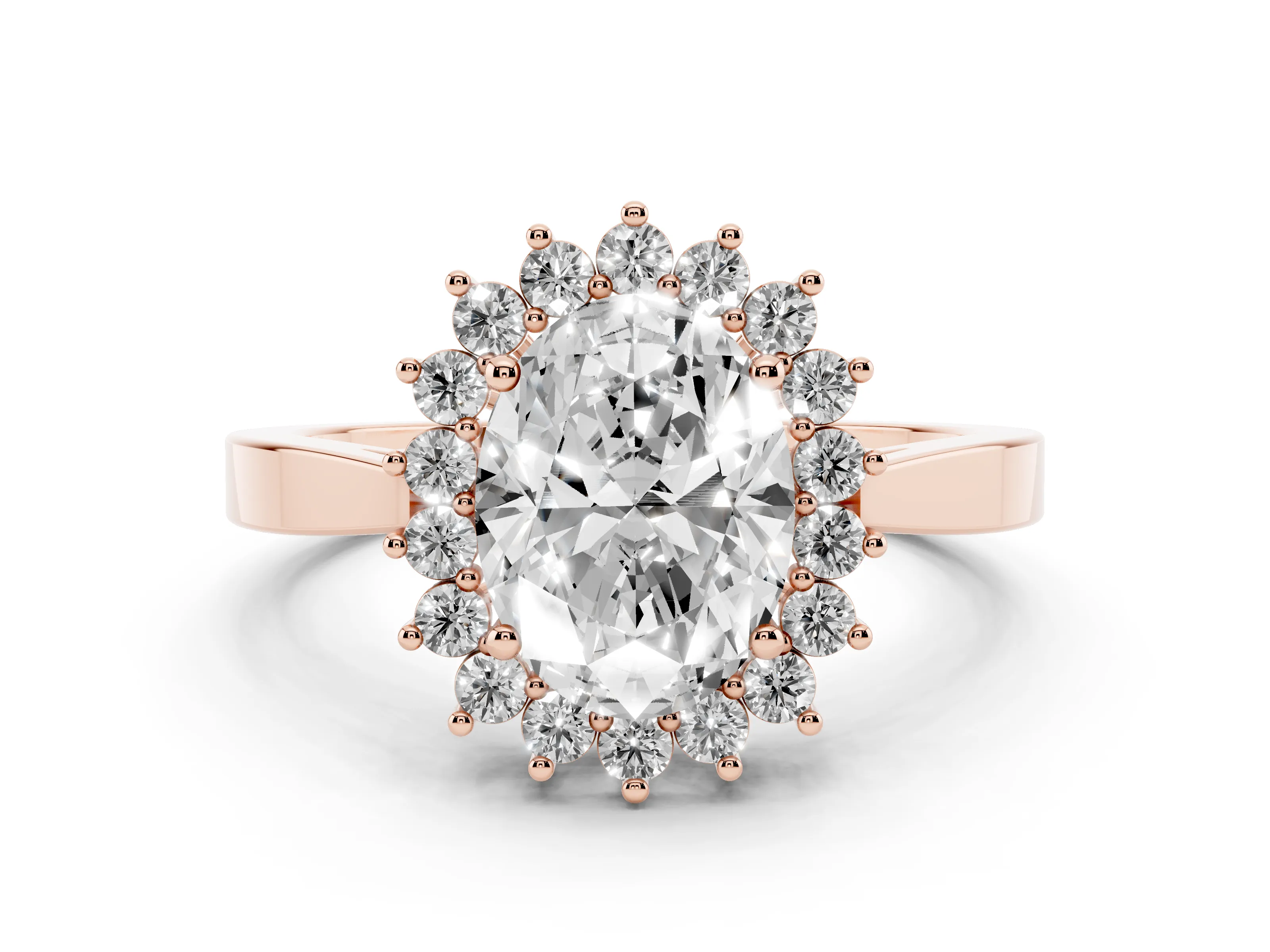 Oval Cut Diamond Halo Ring Set in Rose gold with Round Halo and Smooth Solitaire Band