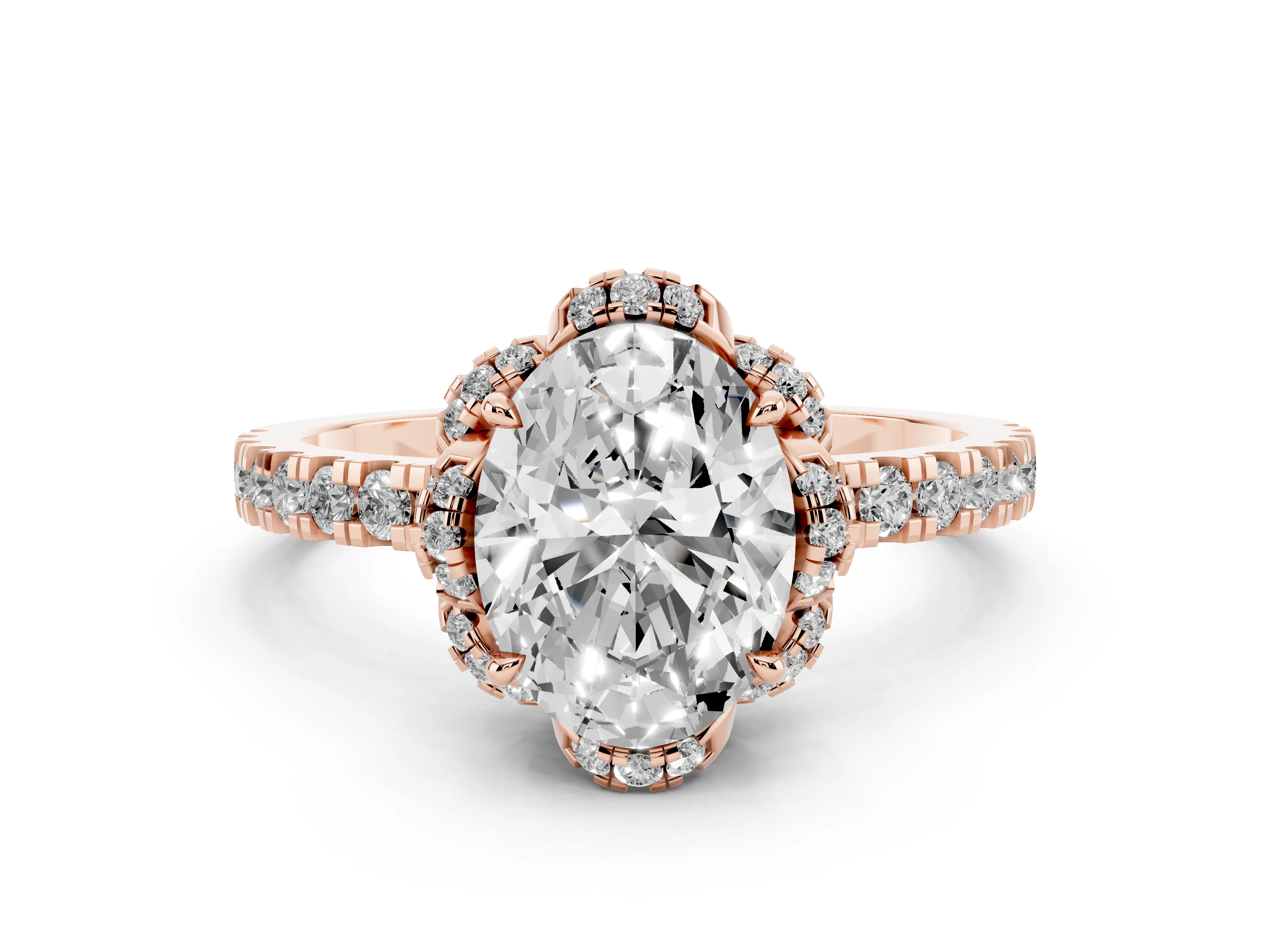 Oval Cut Diamond Halo Pavé Band Ring Set in Rose gold with Prong-Held Center