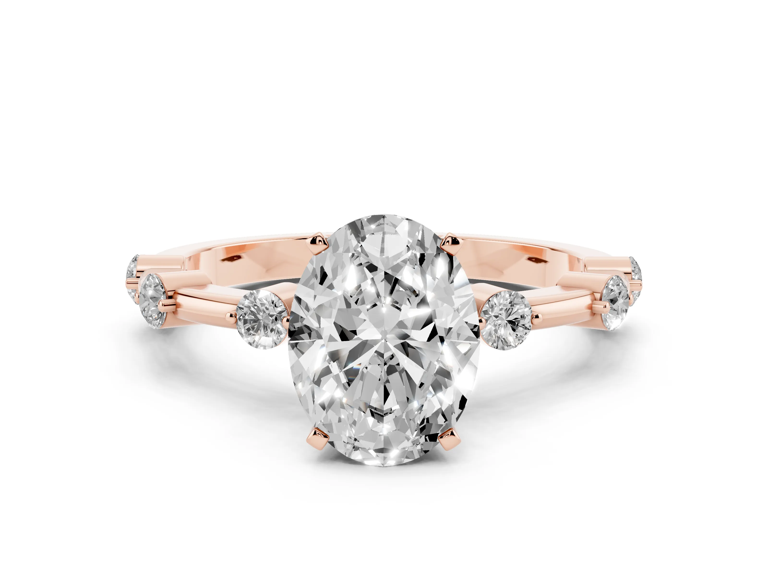 Oval Cut Diamond Solitaire Ring Set in Rose gold with Bezel Set Side Stones and Prong Setting
