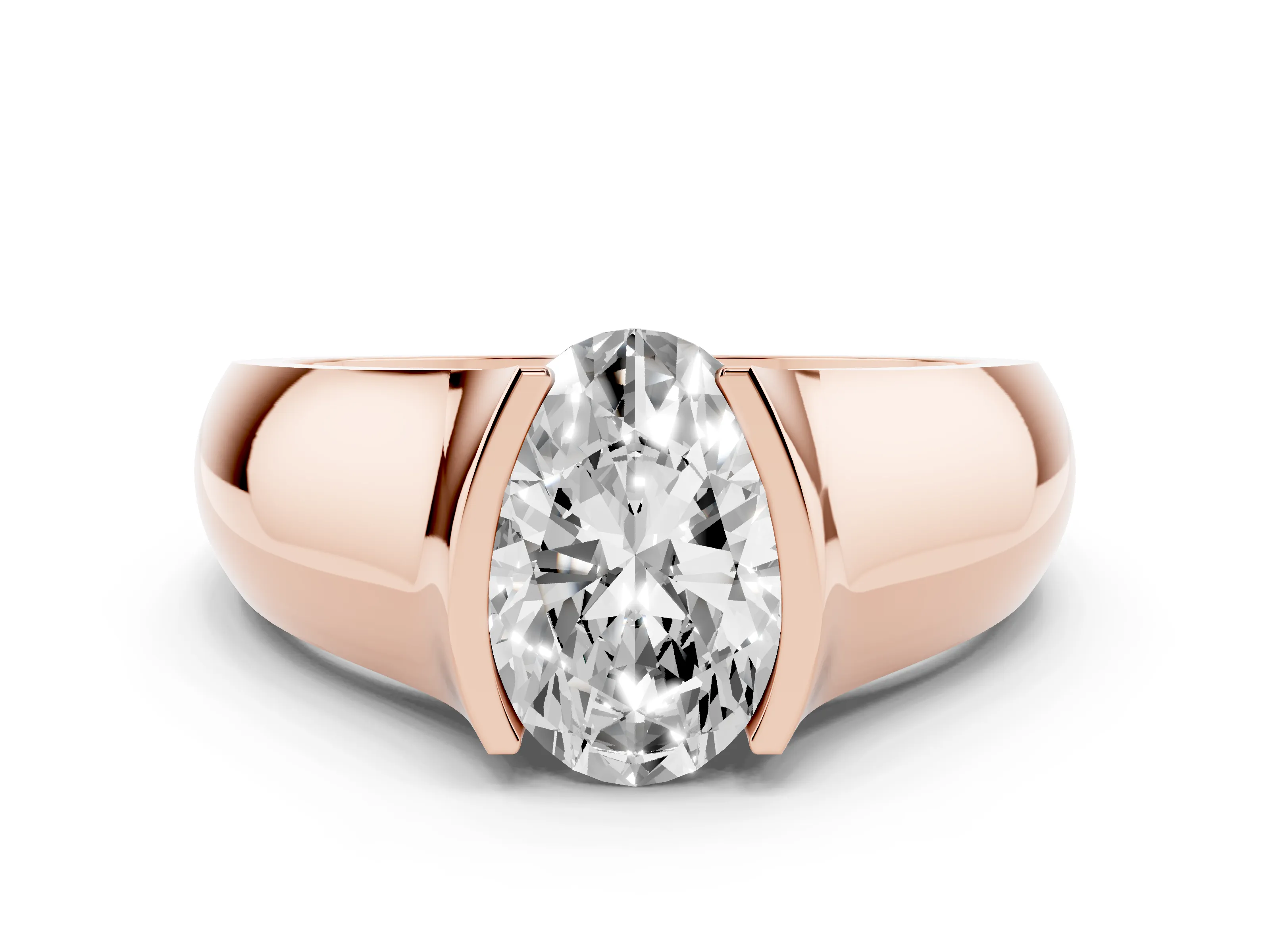 Oval Cut Diamond Bezel Solitaire Ring Set in Rose gold with Wide Band