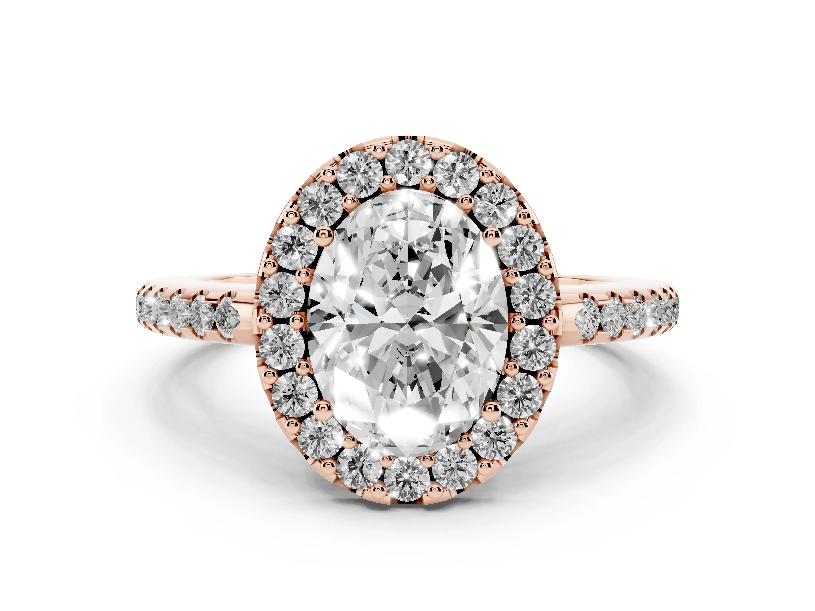 Oval Cut Diamond Pavé Halo Ring Set in Rose gold with Prong Setting