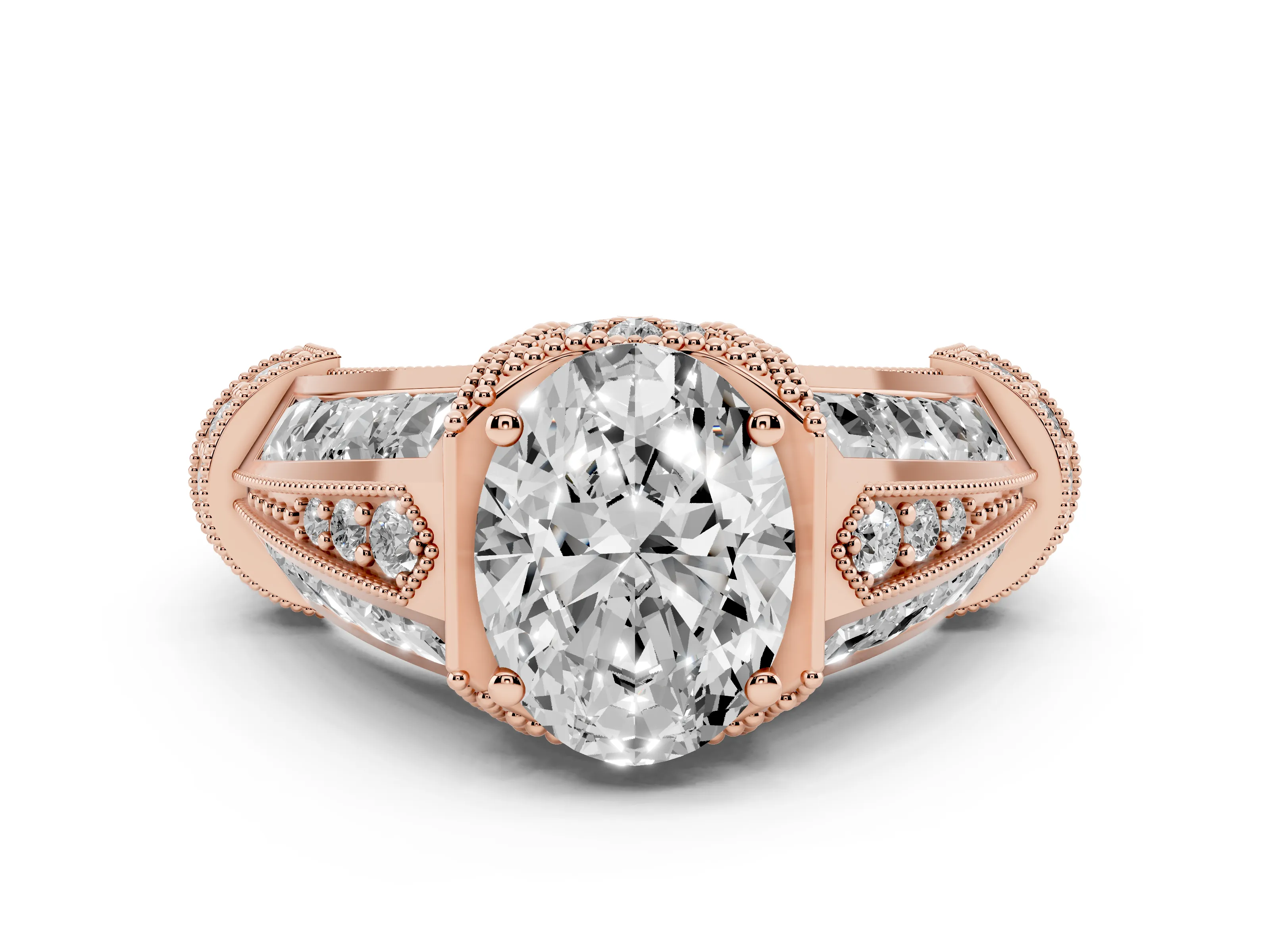 Oval Cut Diamond Vintage-Inspired Milgrain Ring Set in Rose gold with Accent Split Shank