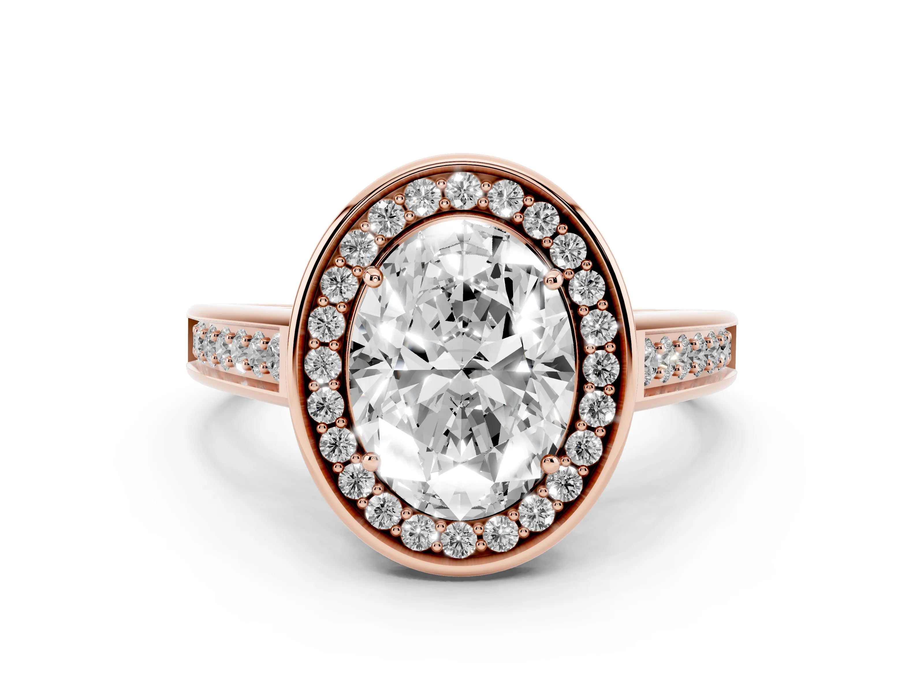 Oval Cut Diamond Halo Solitaire Ring Set in Rose gold with Pavé Band and Bezel Setting