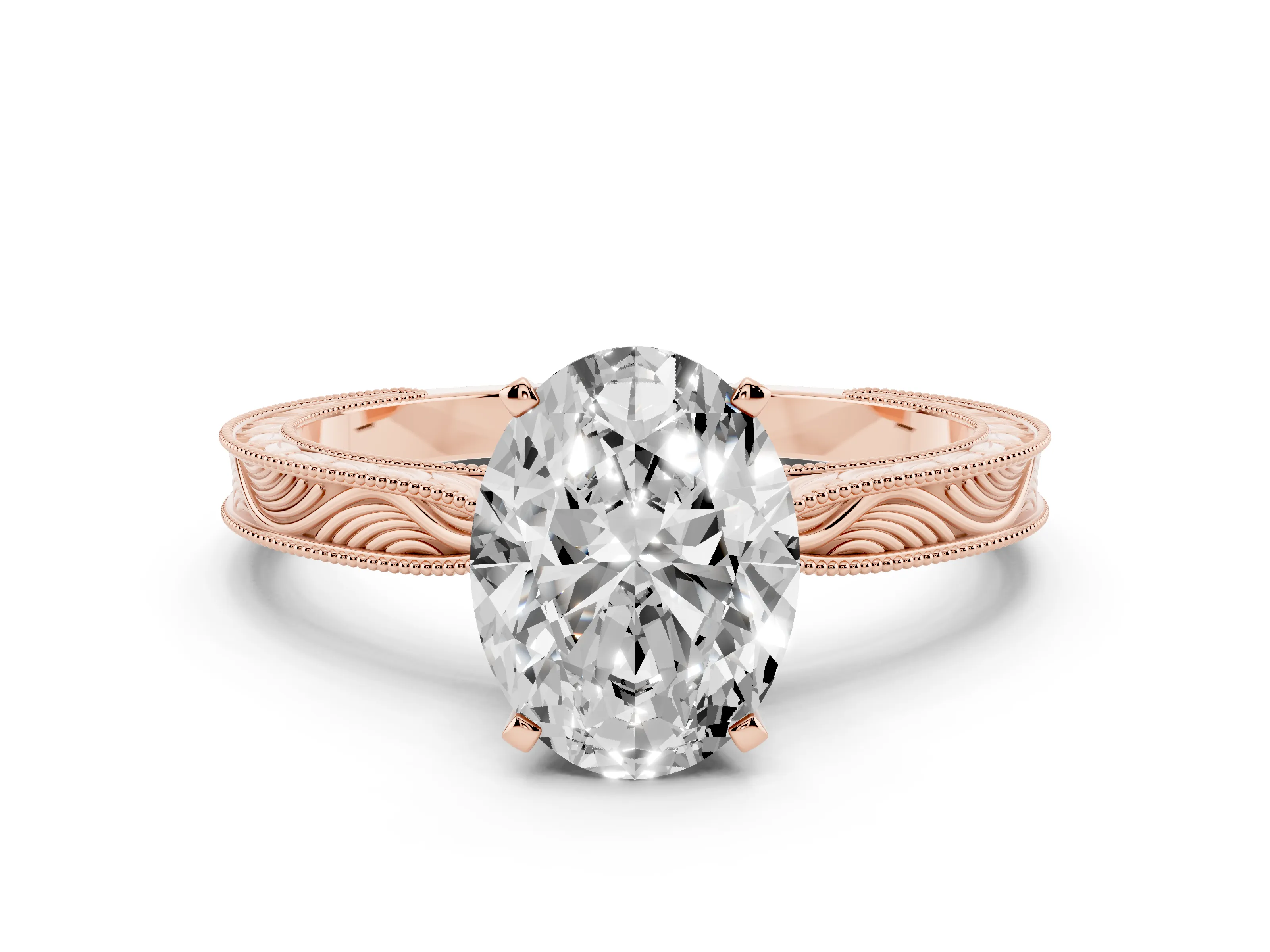 Oval Cut Diamond Solitaire Milgrain Engraved Band Set in Rose gold with Prong Setting