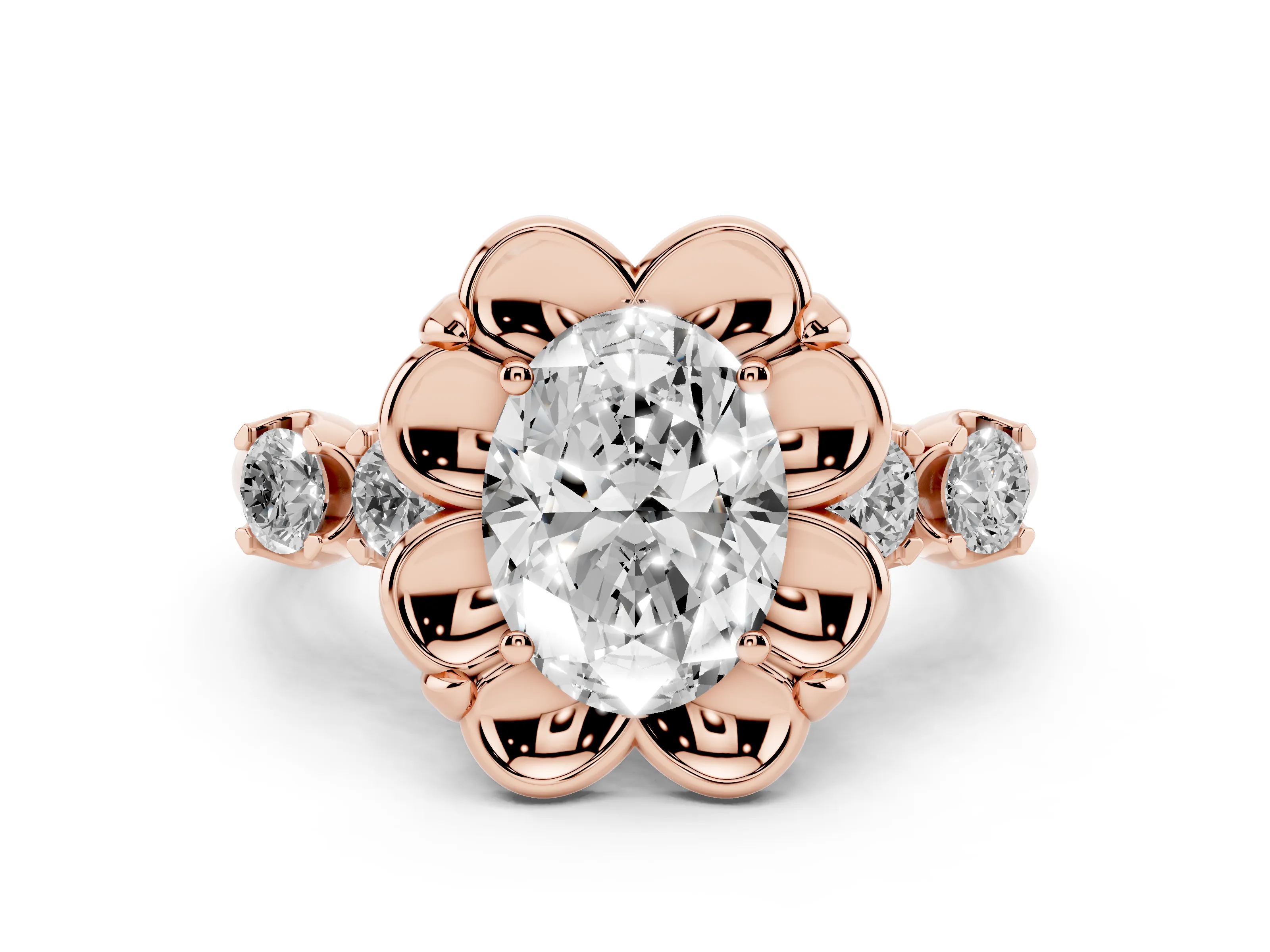 Oval Cut Diamond Floral Halo Ring Set in Rose gold with Shared Prong Band