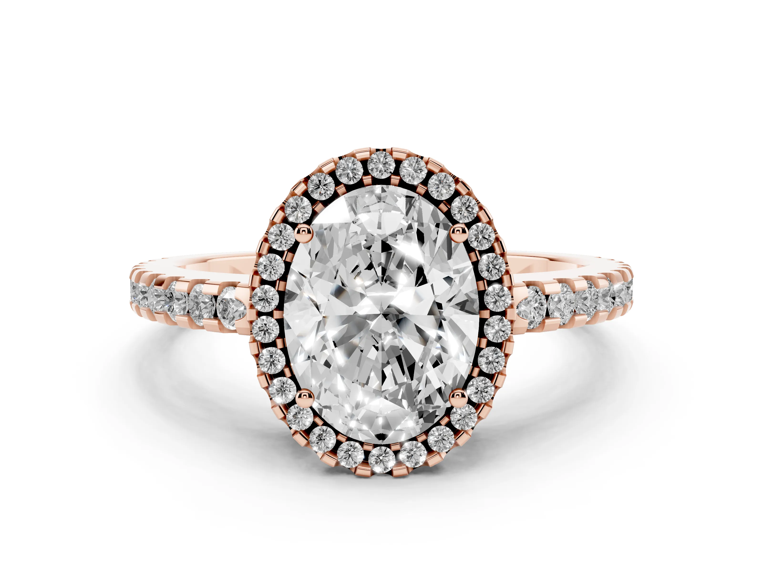 Oval Cut Diamond Halo Ring Set in Rose gold with Pavé Shoulders and Halo-Framed Center