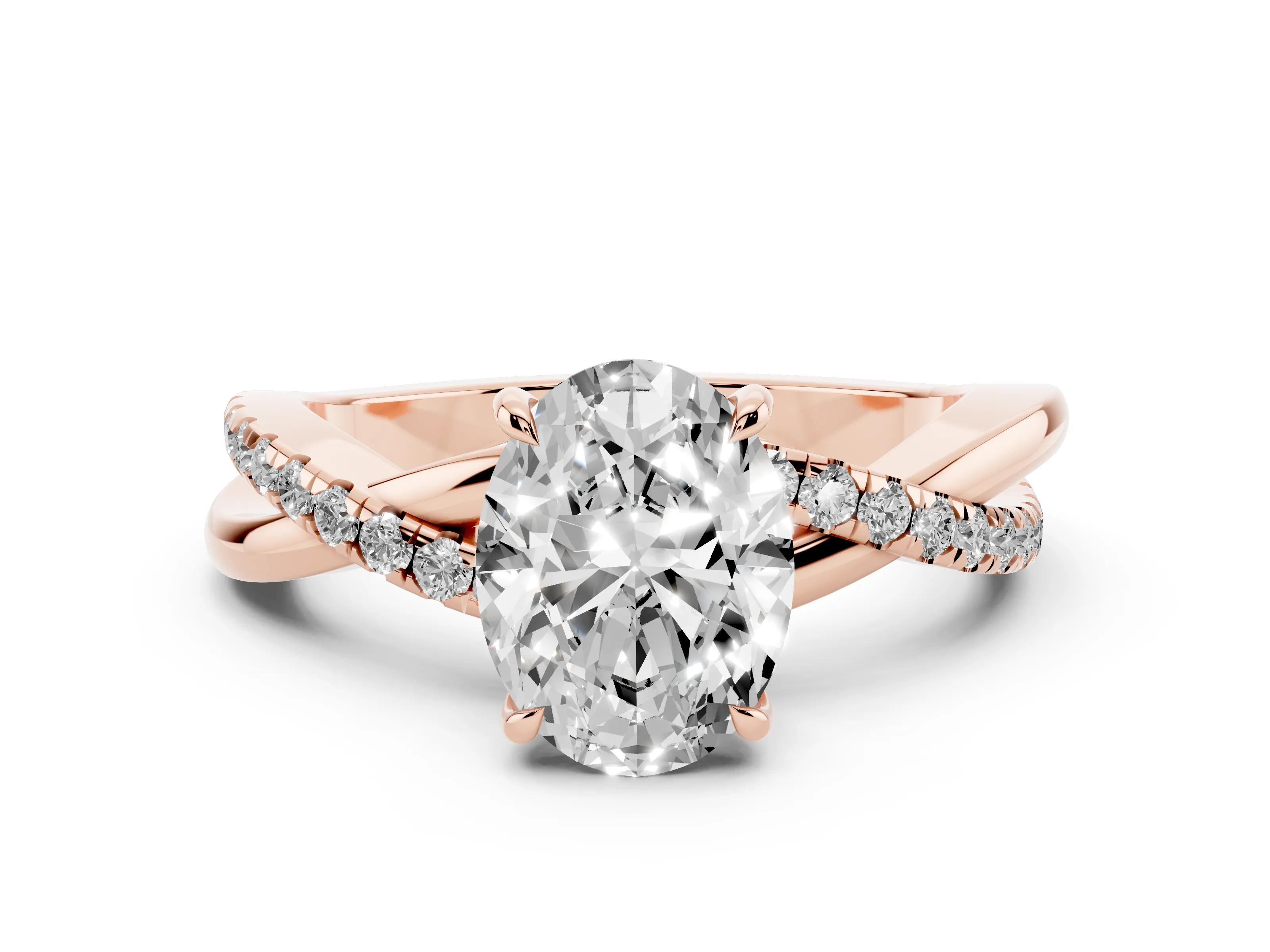 Oval Cut Diamond Twisted Pavé Band Ring Set in Rose gold with Prong Setting