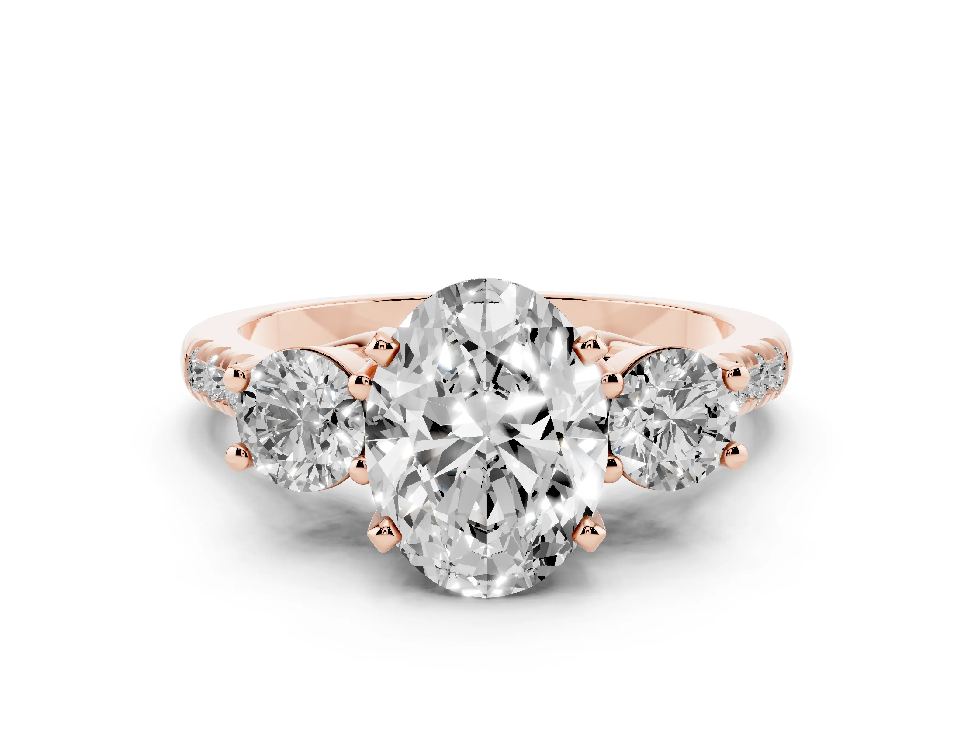 Three-Stone Oval Cut Diamond Pavé Band Ring Set in Rose gold with Prong-Set Trio