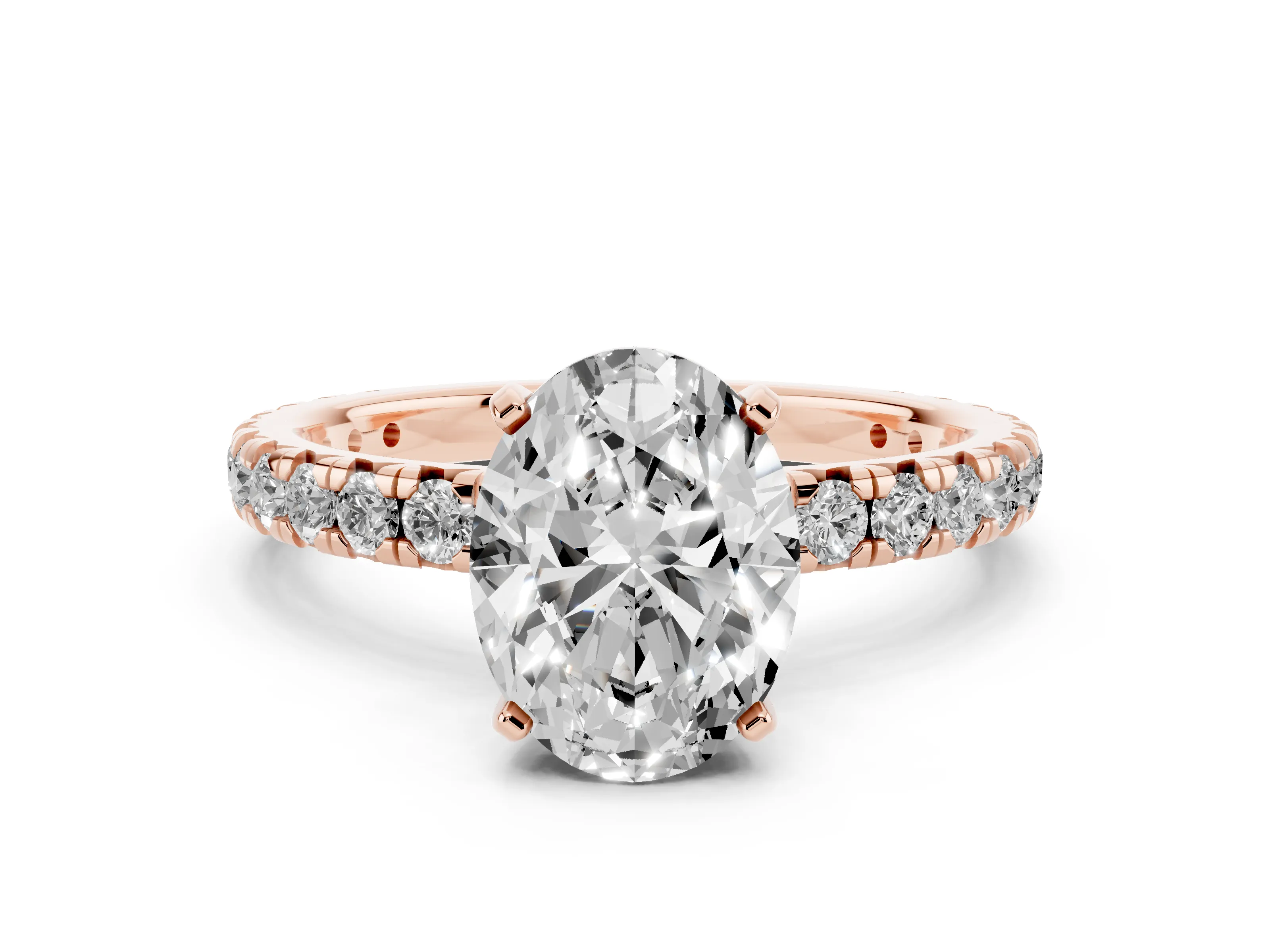 Oval Cut Diamond Pavé Solitaire Ring Set in Rose gold with Round Band and Prong Setting