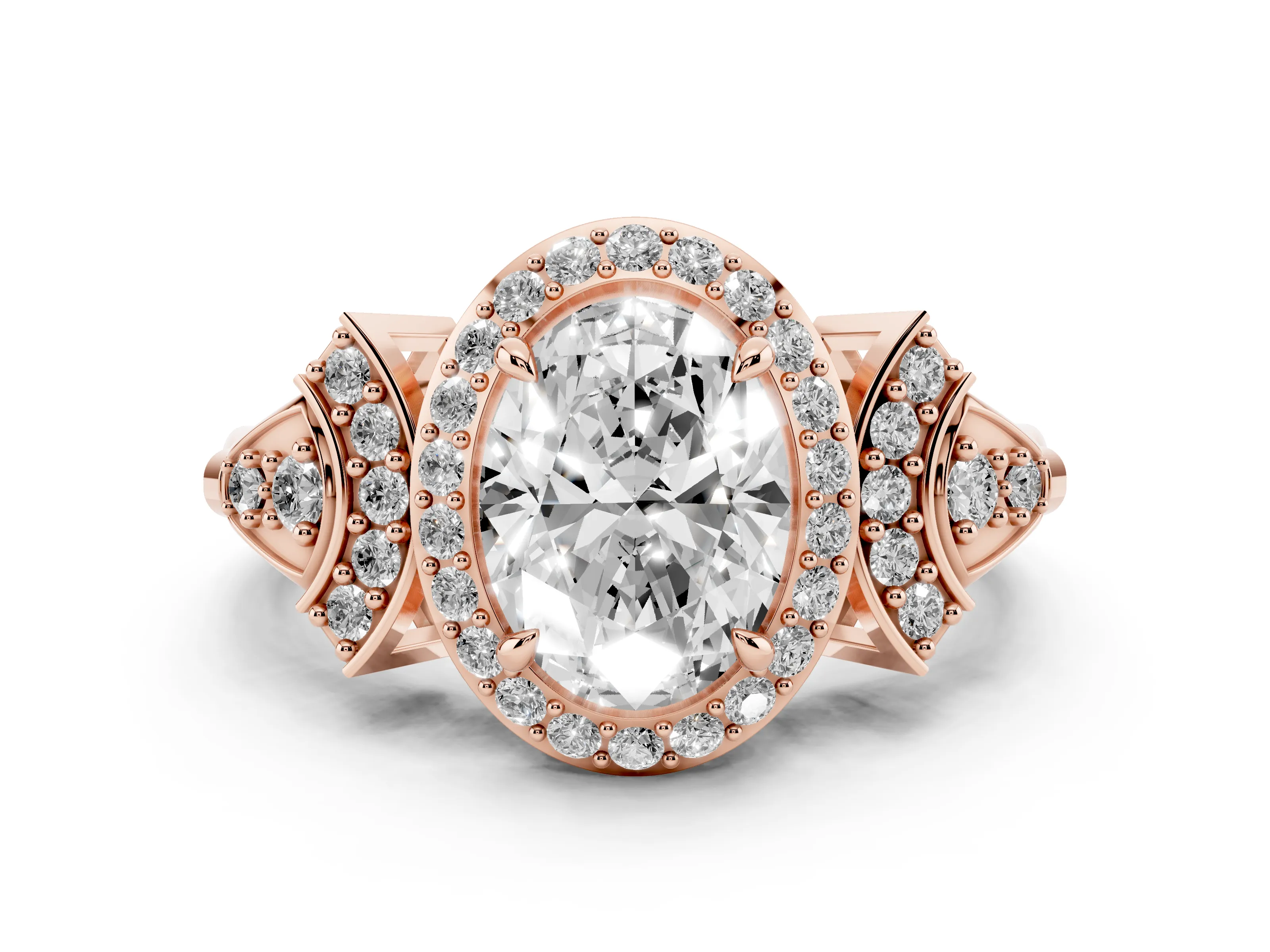Oval Cut Diamond Halo Engagement Ring Set in Rose gold with Accent Stone Split Shank