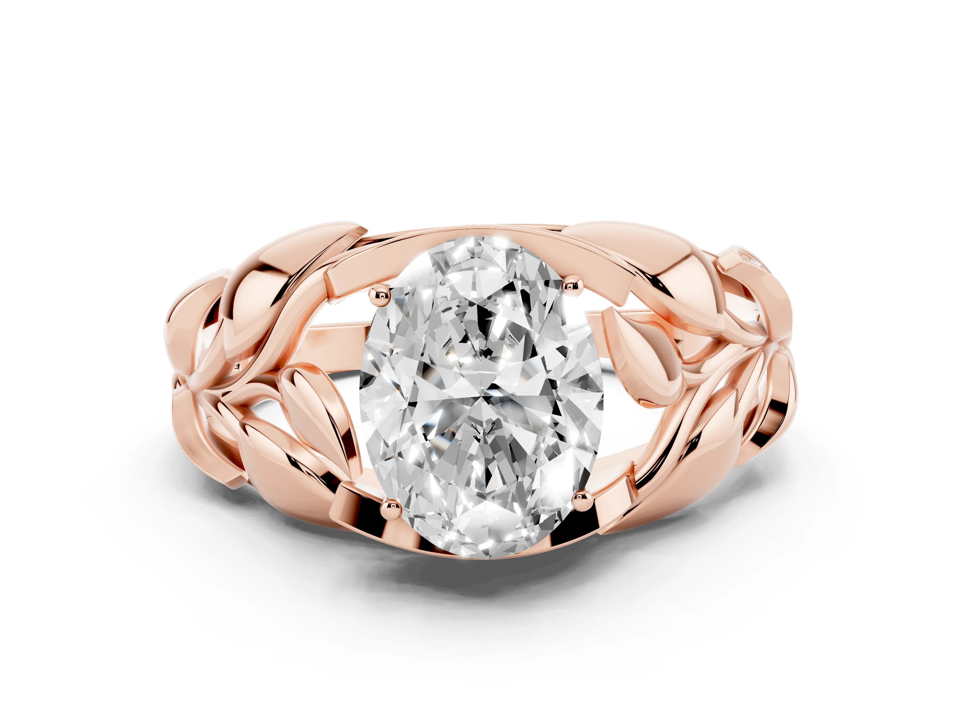 Oval Cut Diamond Leaf-Inspired Engagement Ring Set in Rose gold with Round Accents