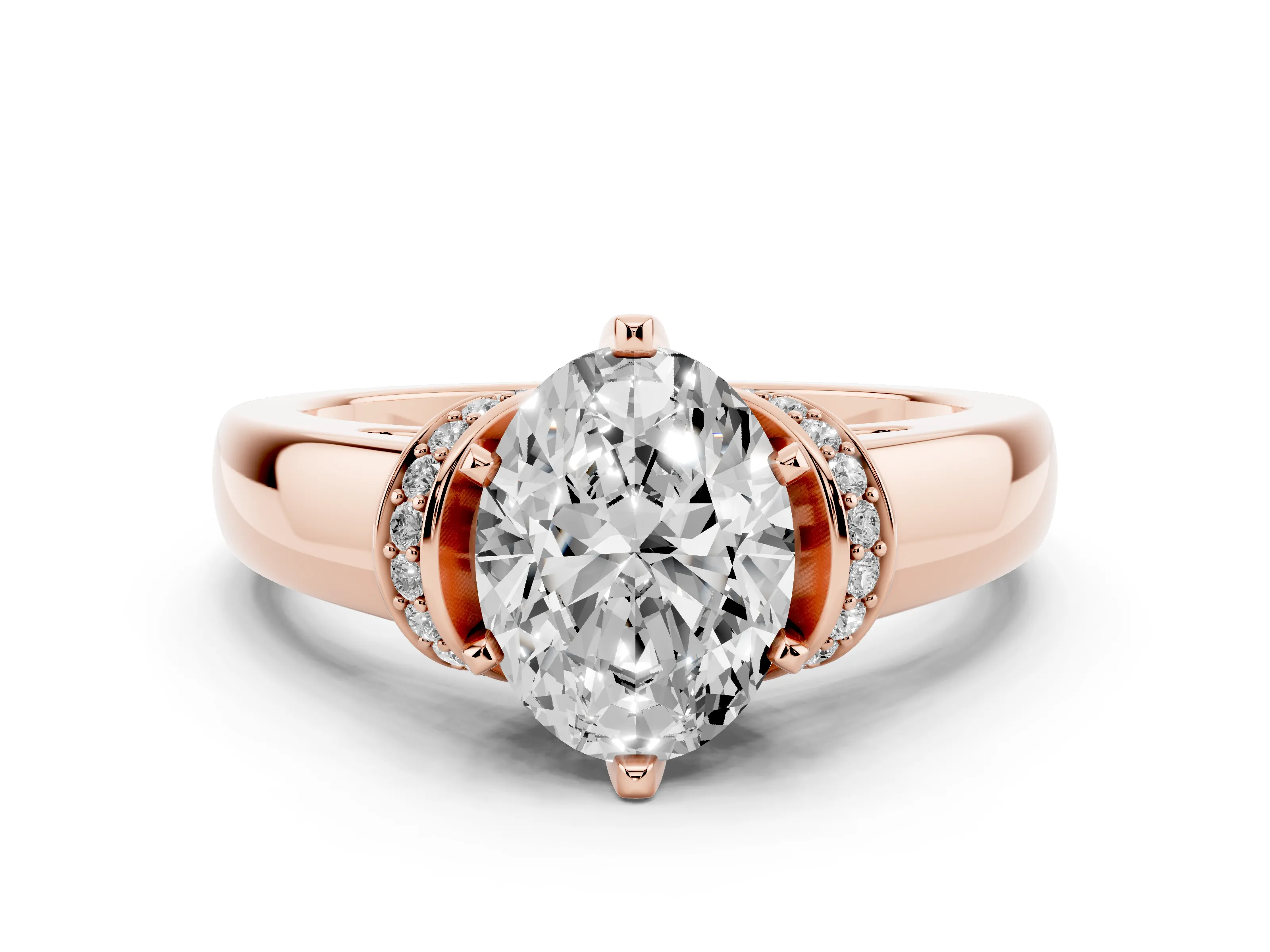 Oval Cut Diamond Pavé Band Solitaire Ring Set in Rose gold with Prong Setting