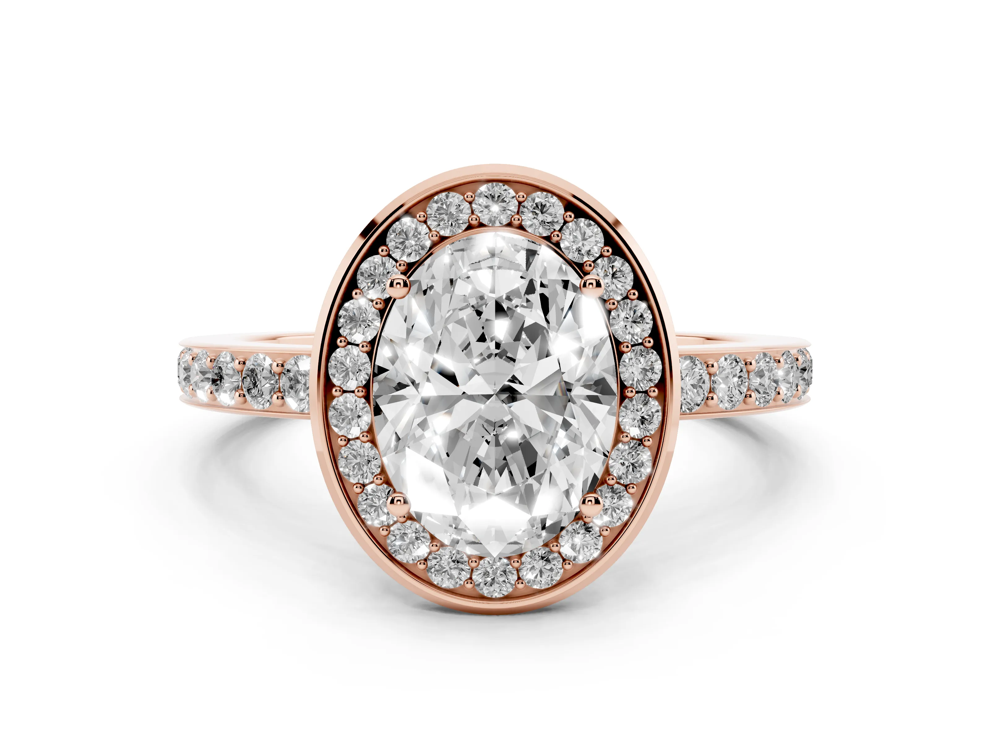 Oval Cut Diamond Halo Ring Set in Rose gold with Bezel Frame and Pavé Band