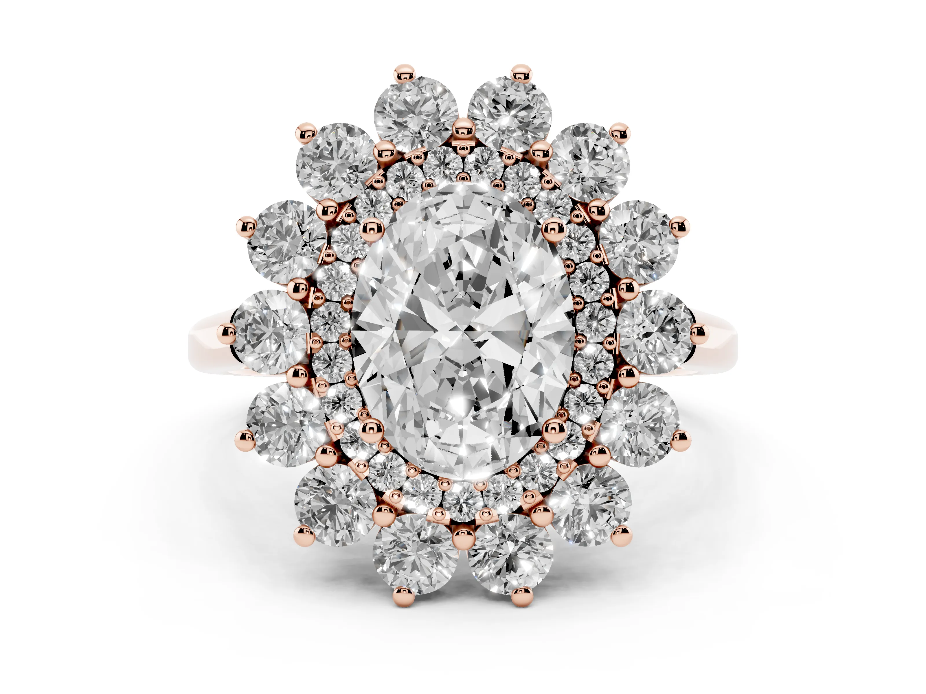 Oval Cut Diamond Floral Double Halo Ring Set in Rose gold with Round Petals