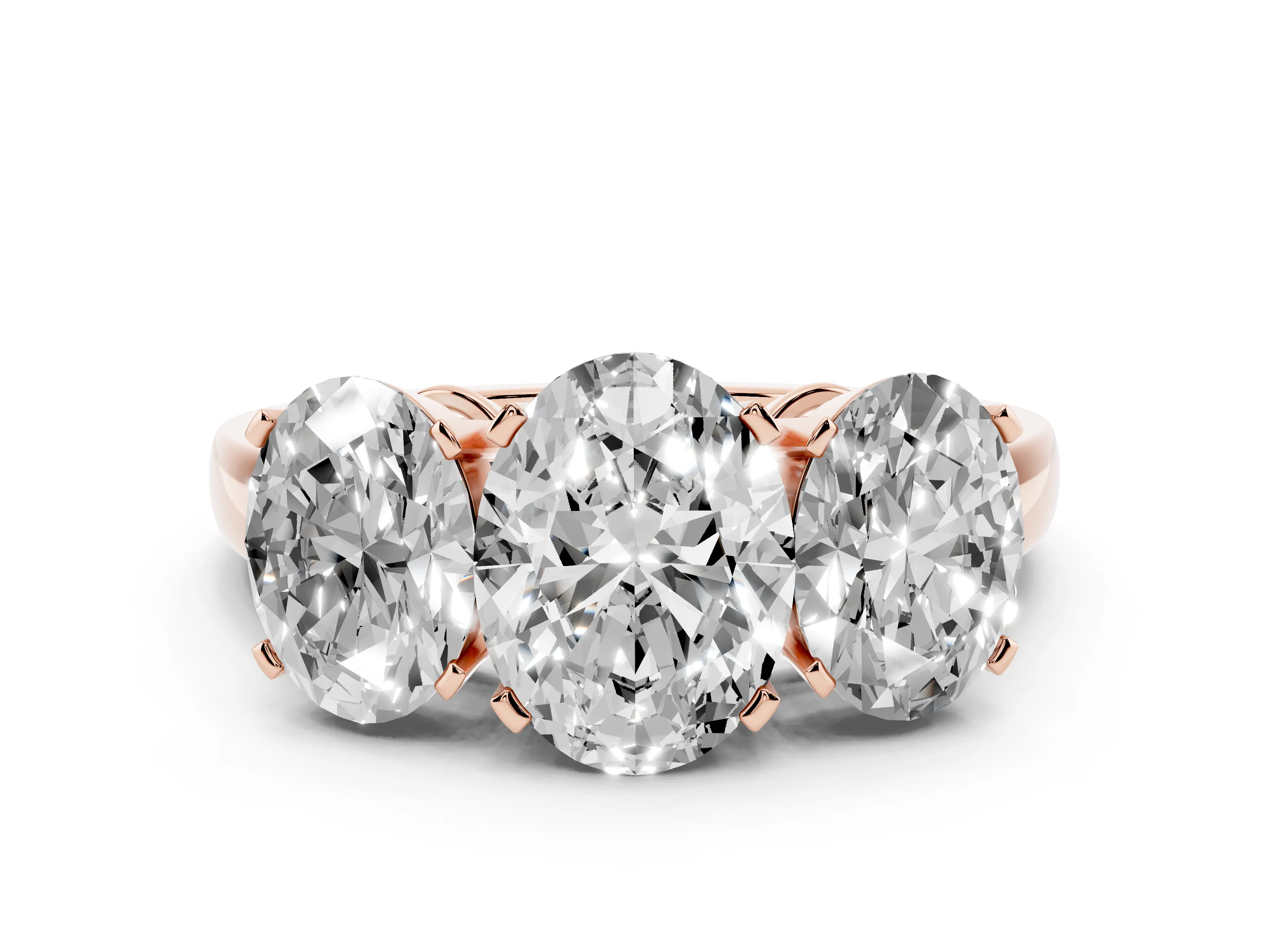 Oval Cut Diamond Three-Stone Ring Set in Rose gold with Channel-Set Band and Prong Settings