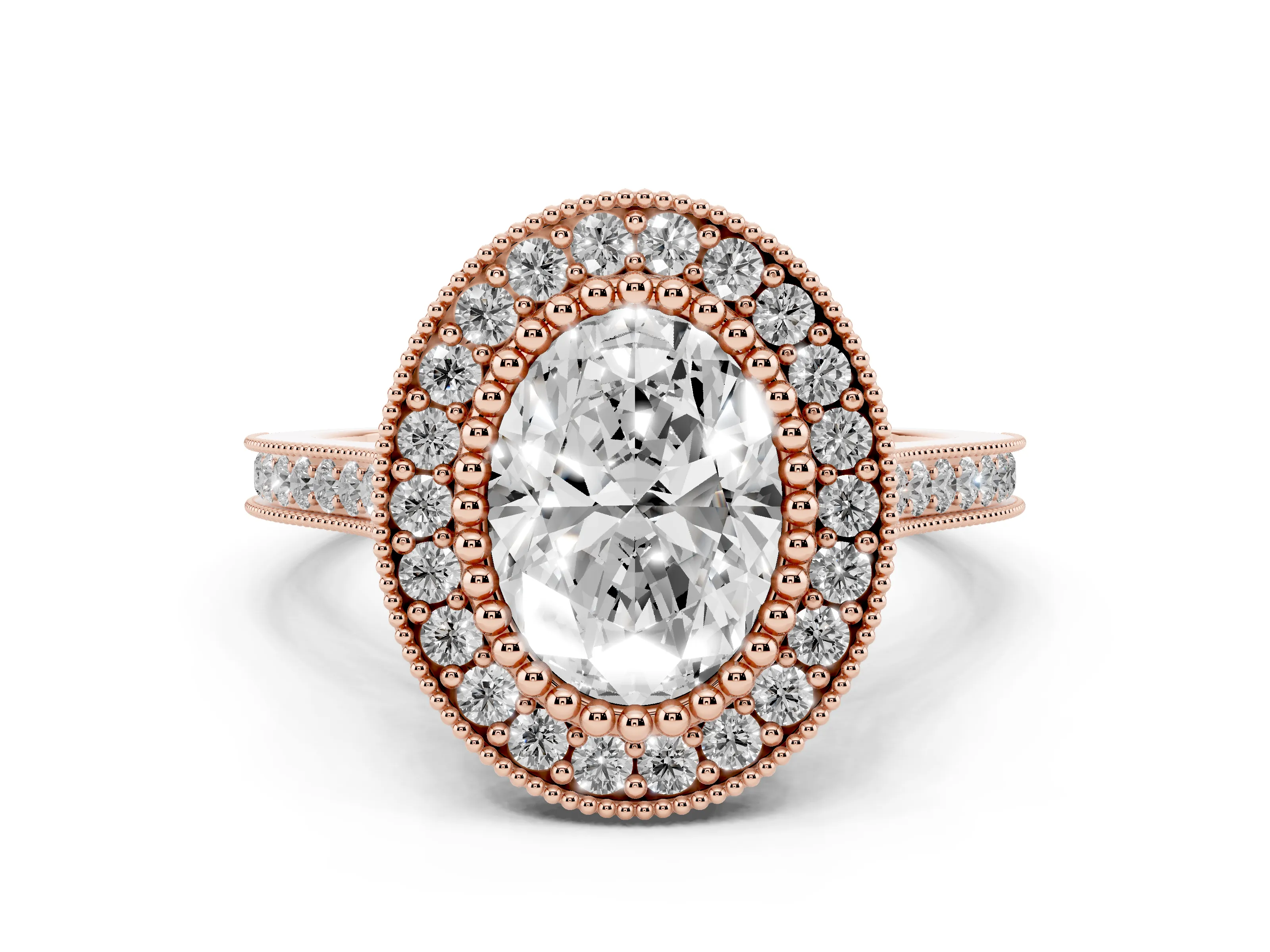 Oval Cut Diamond Halo Ring Set in Rose gold with Milgrain Frame and Pavé Band