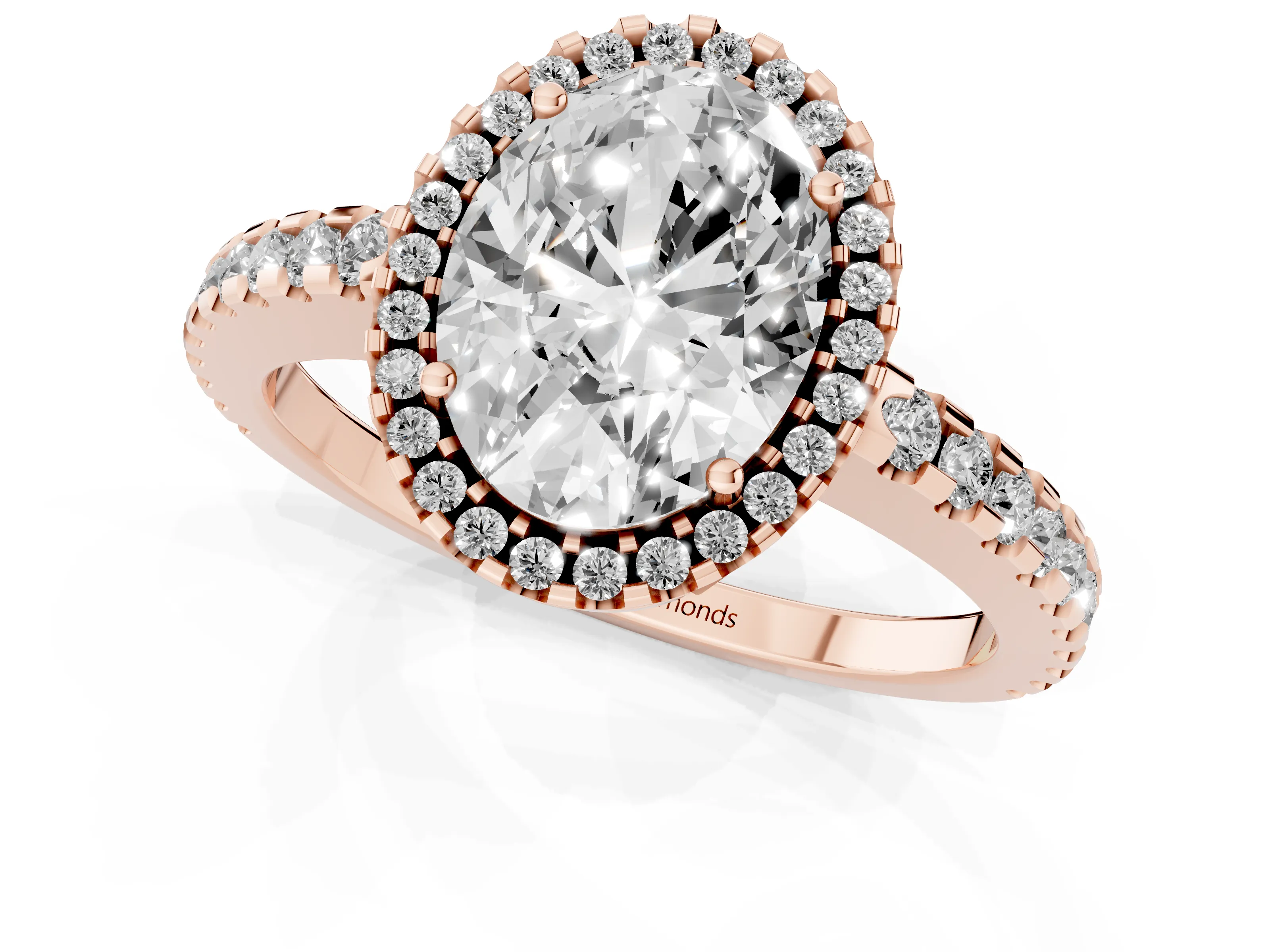 Oval Cut Diamond Halo Ring Set in Rose gold with Pavé Shoulders and Halo-Framed Center