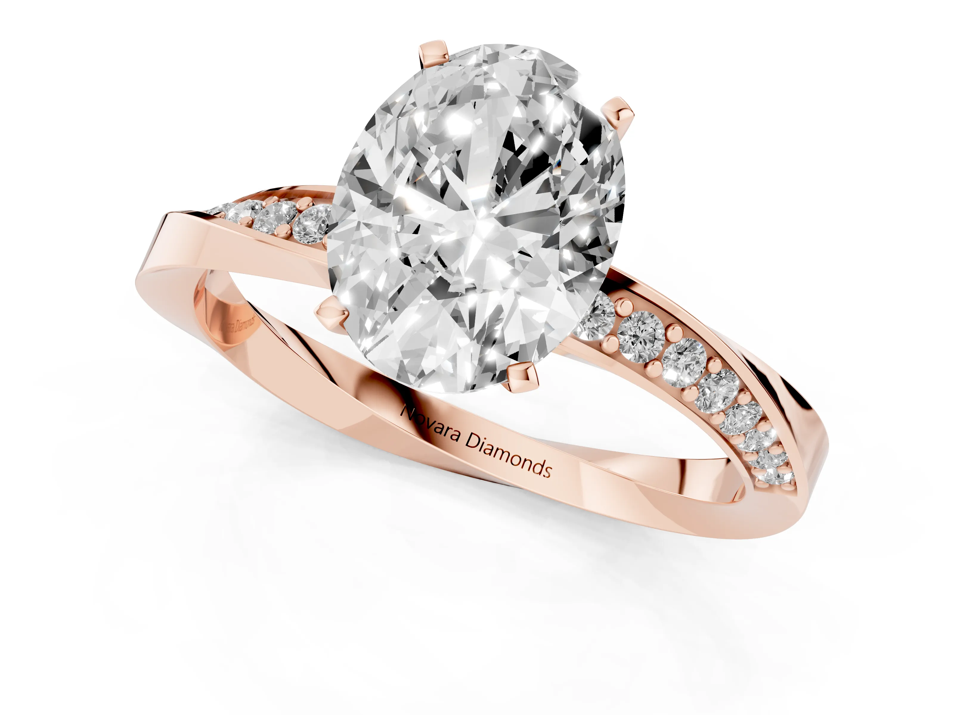 Oval Cut Diamond Engagement Ring Set in Rose gold with Side Stone Accents and Prong Setting