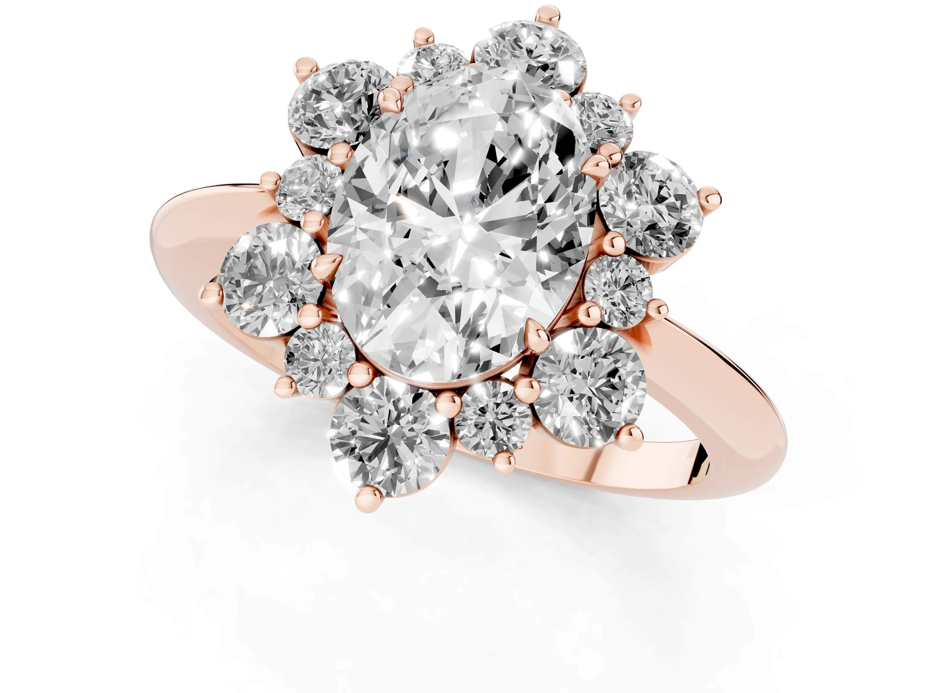 Oval Cut Diamond Cluster Halo Ring Set in Rose gold with Solitaire Band and Prong Setting