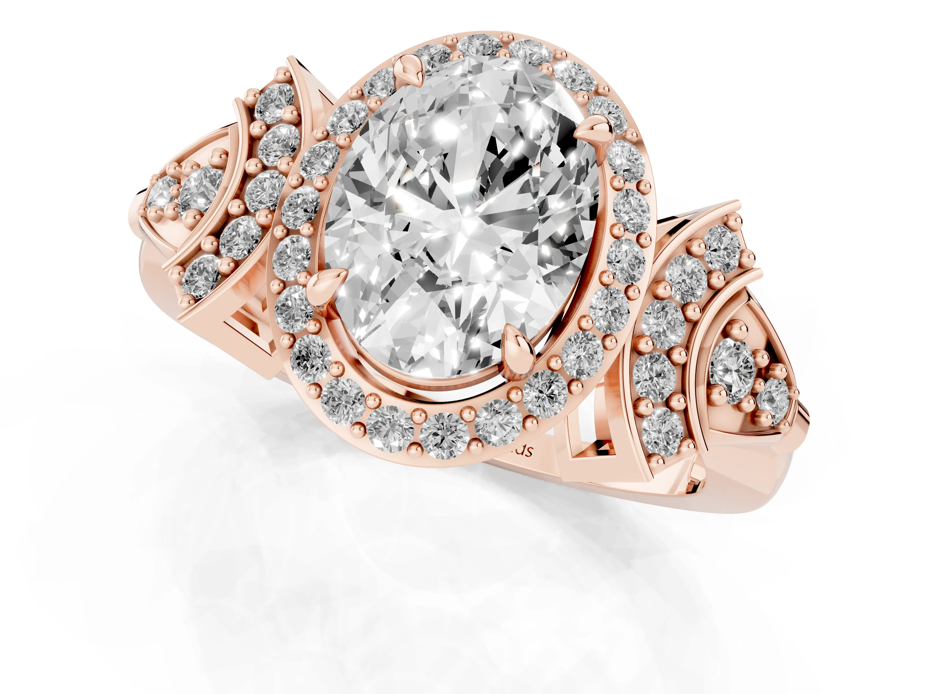 Oval Cut Diamond Halo Engagement Ring Set in Rose gold with Accent Stone Split Shank