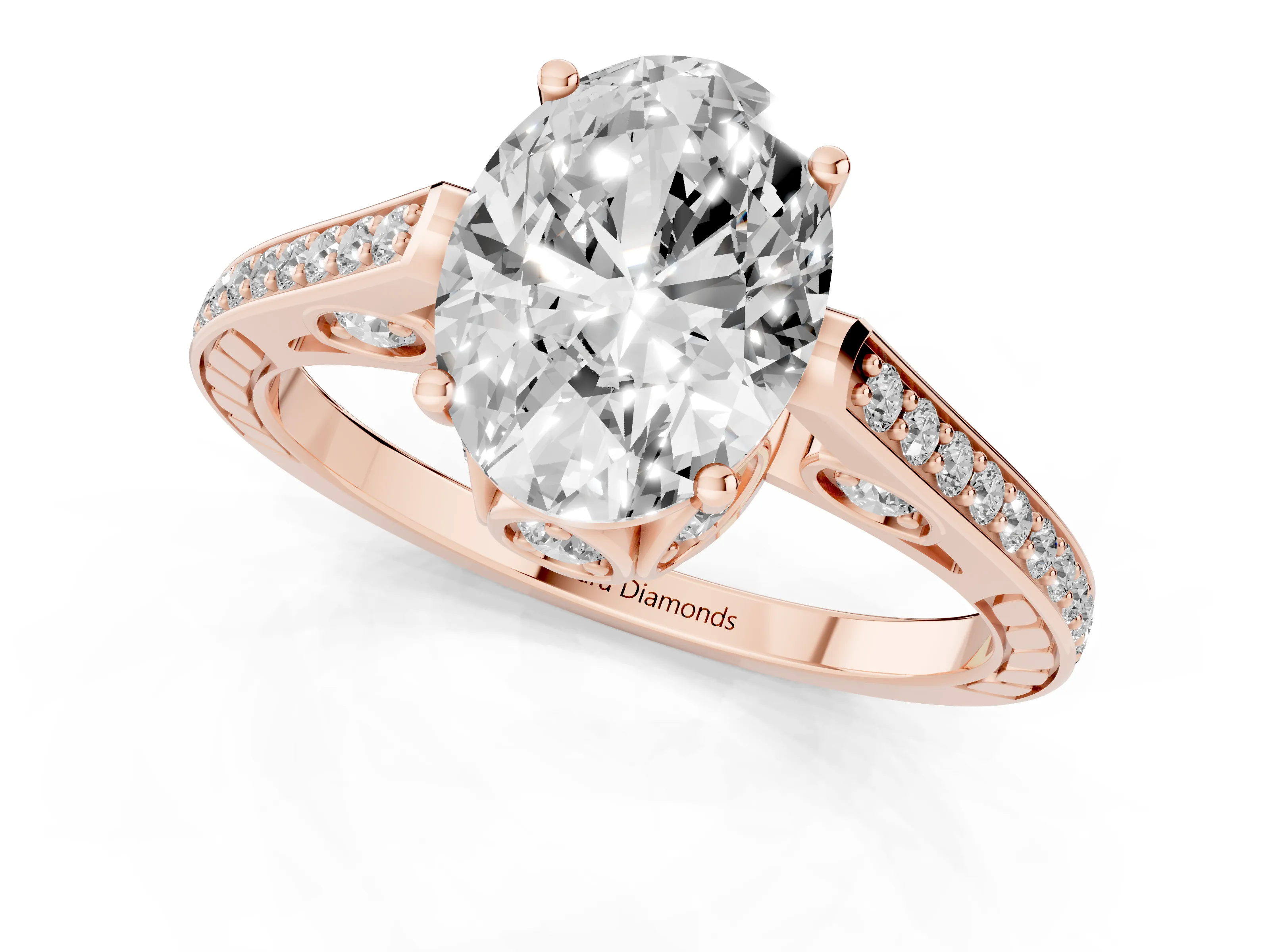 Oval Cut Diamond Cathedral Pavé Engagement Ring Set in Rose gold with Prong Setting