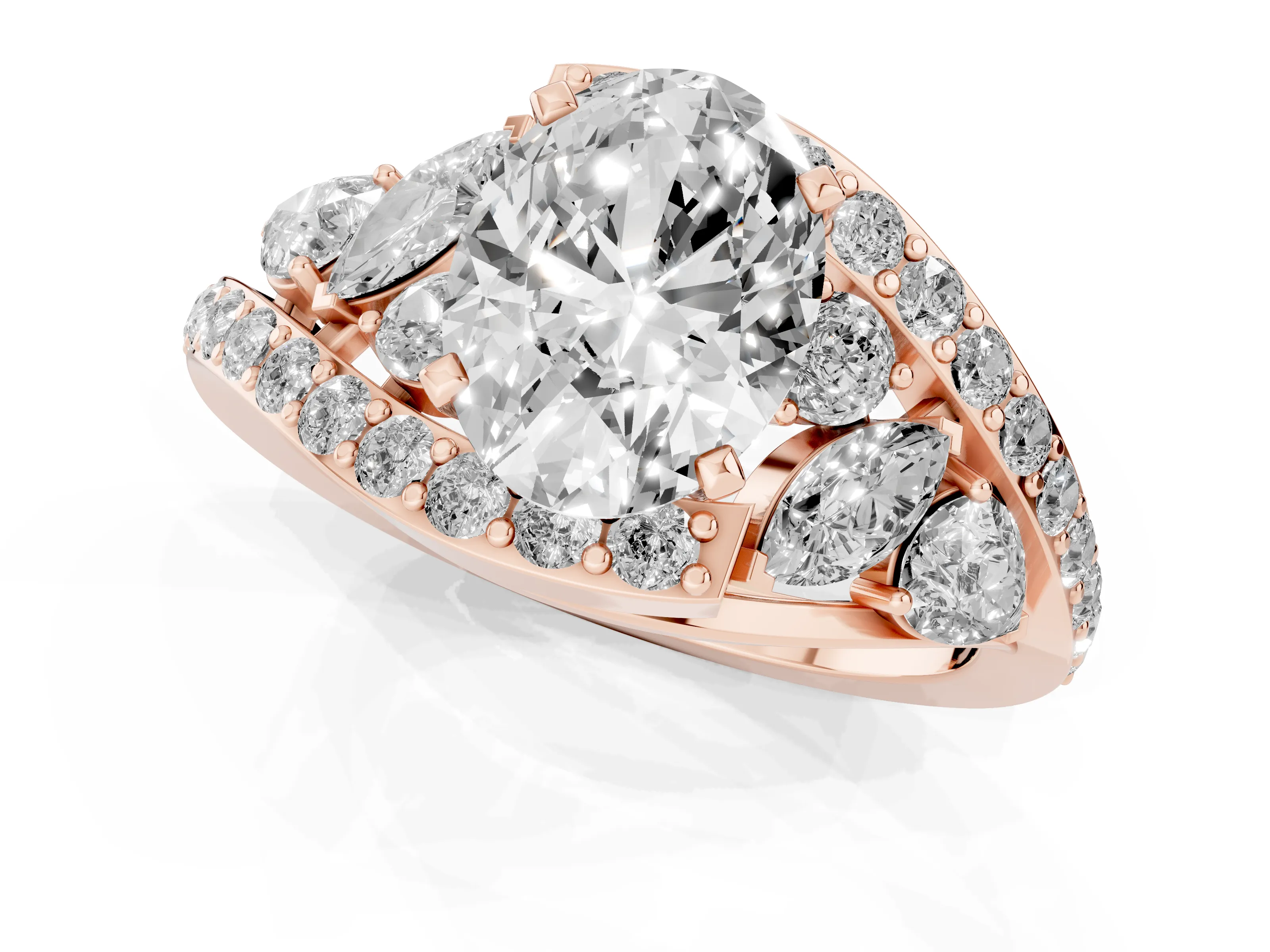 Oval Cut Diamond Halo Ring Set in Rose gold with Marquise and Pavé Band in Prong Setting
