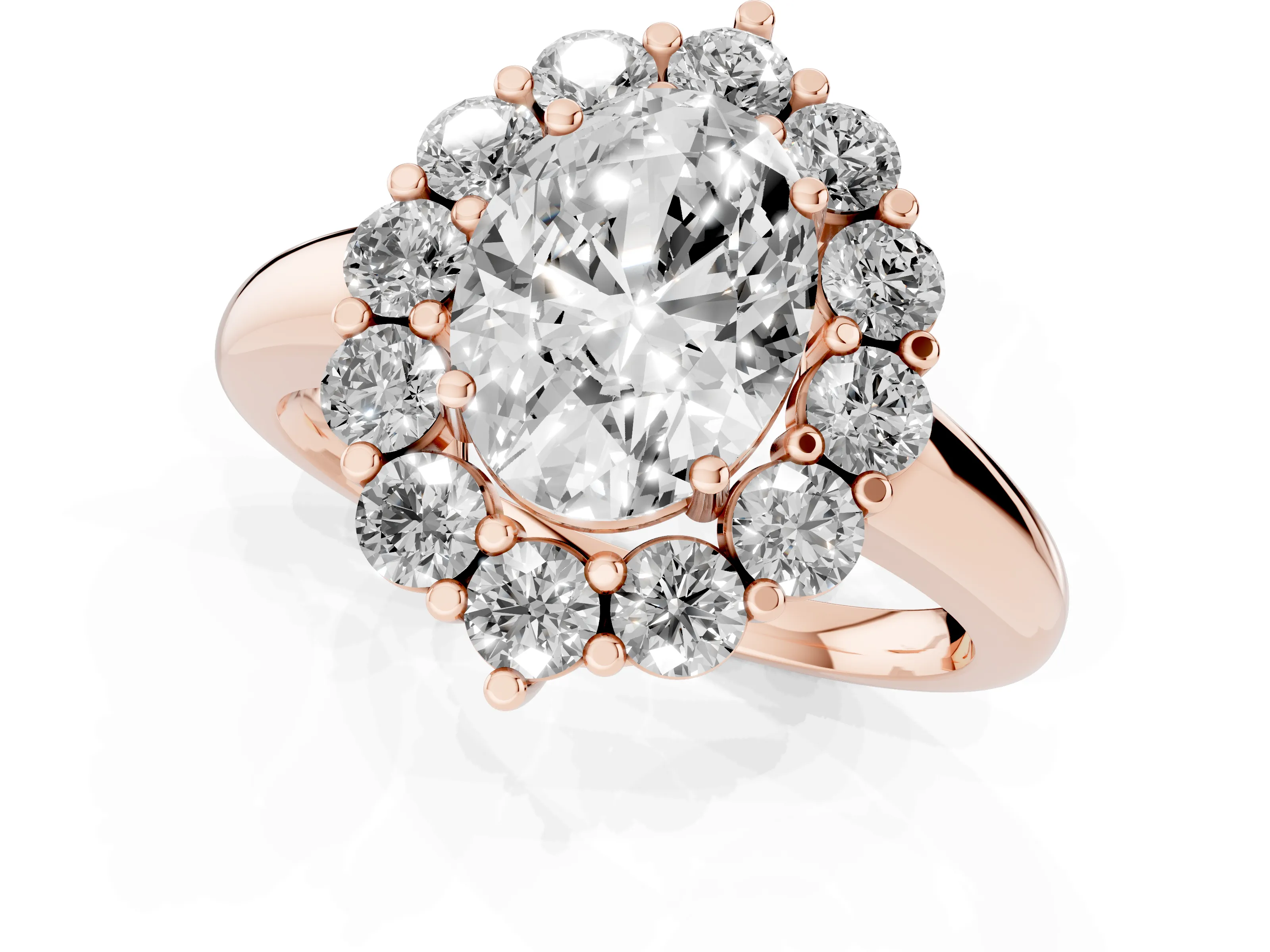 Oval Cut Diamond Halo Cluster Engagement Ring Set in Rose gold with Polished Band and Prong Setting