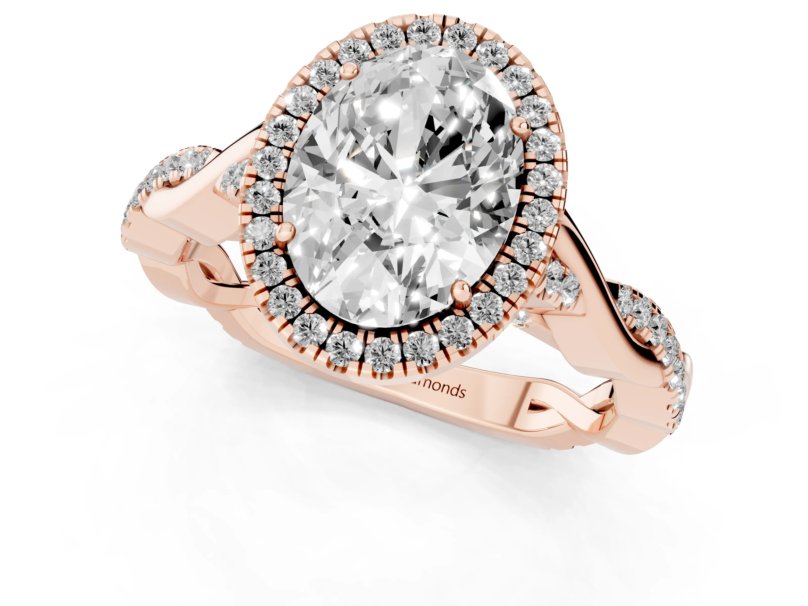 Oval Cut Diamond Halo Twist Band Solitaire Ring Set in Rose gold with Prong Setting