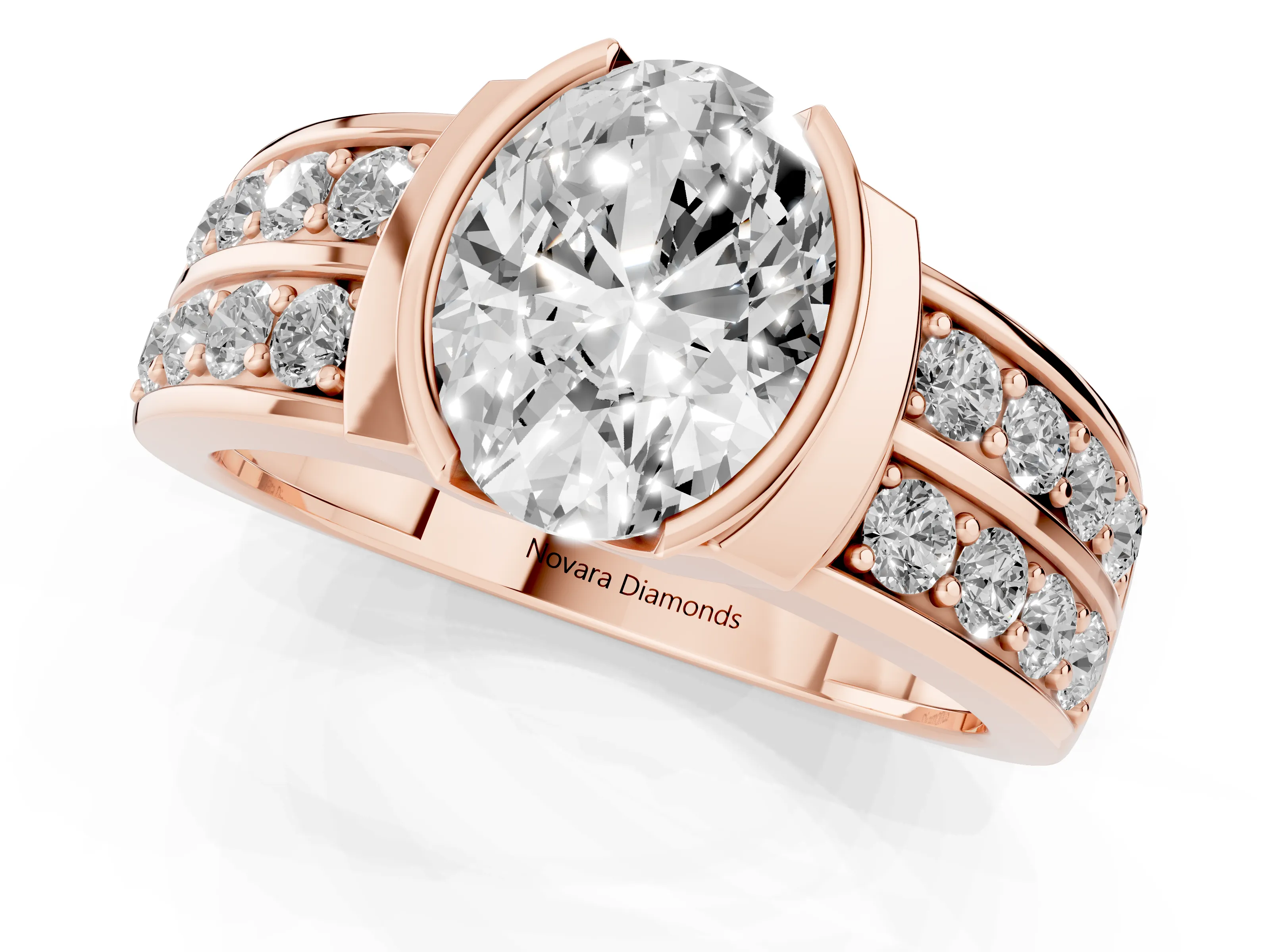 Oval Cut Diamond Wide Channel Set Band Ring Set in Rose gold with Bezel Setting
