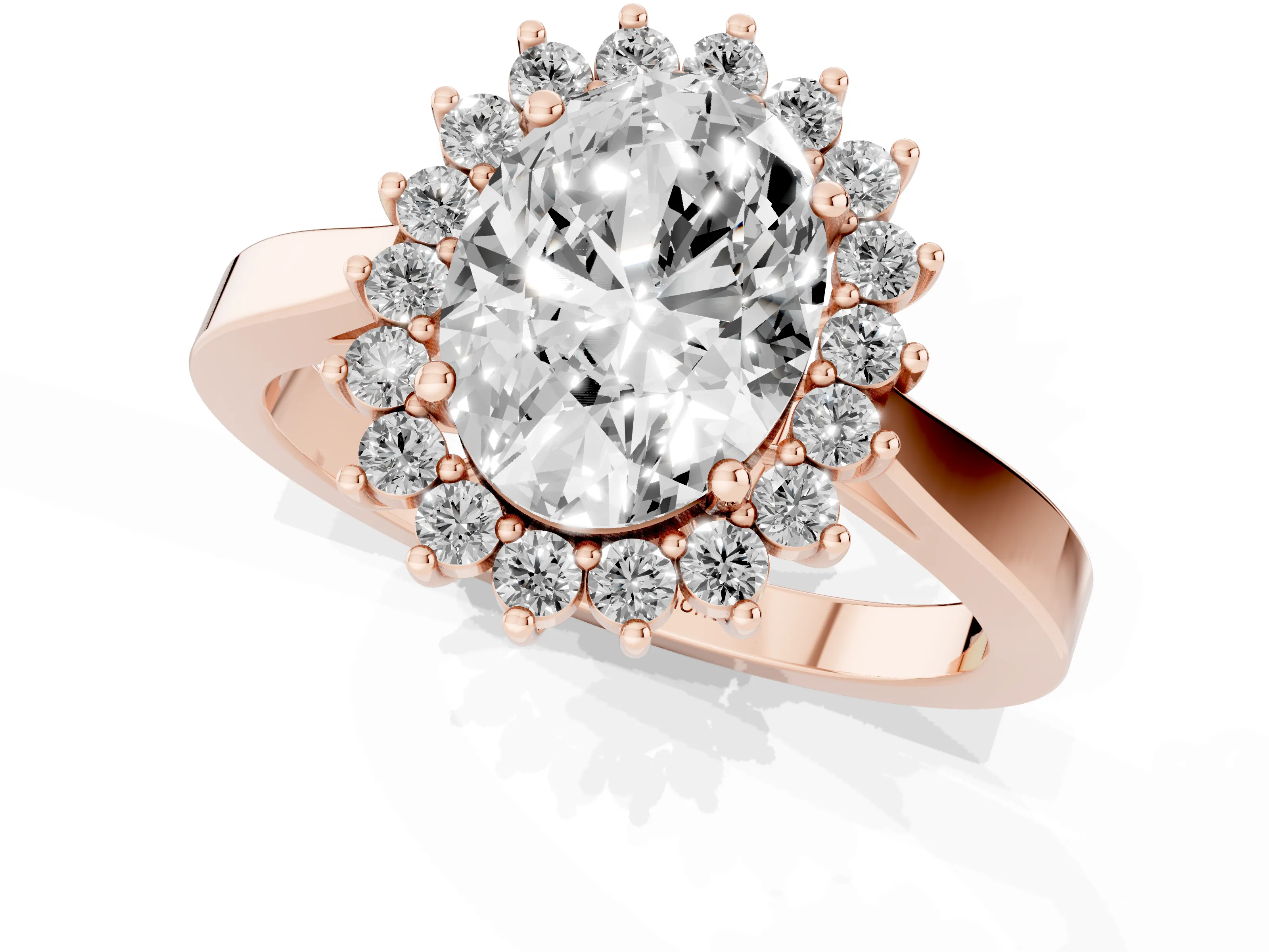 Oval Cut Diamond Halo Ring Set in Rose gold with Round Halo and Smooth Solitaire Band