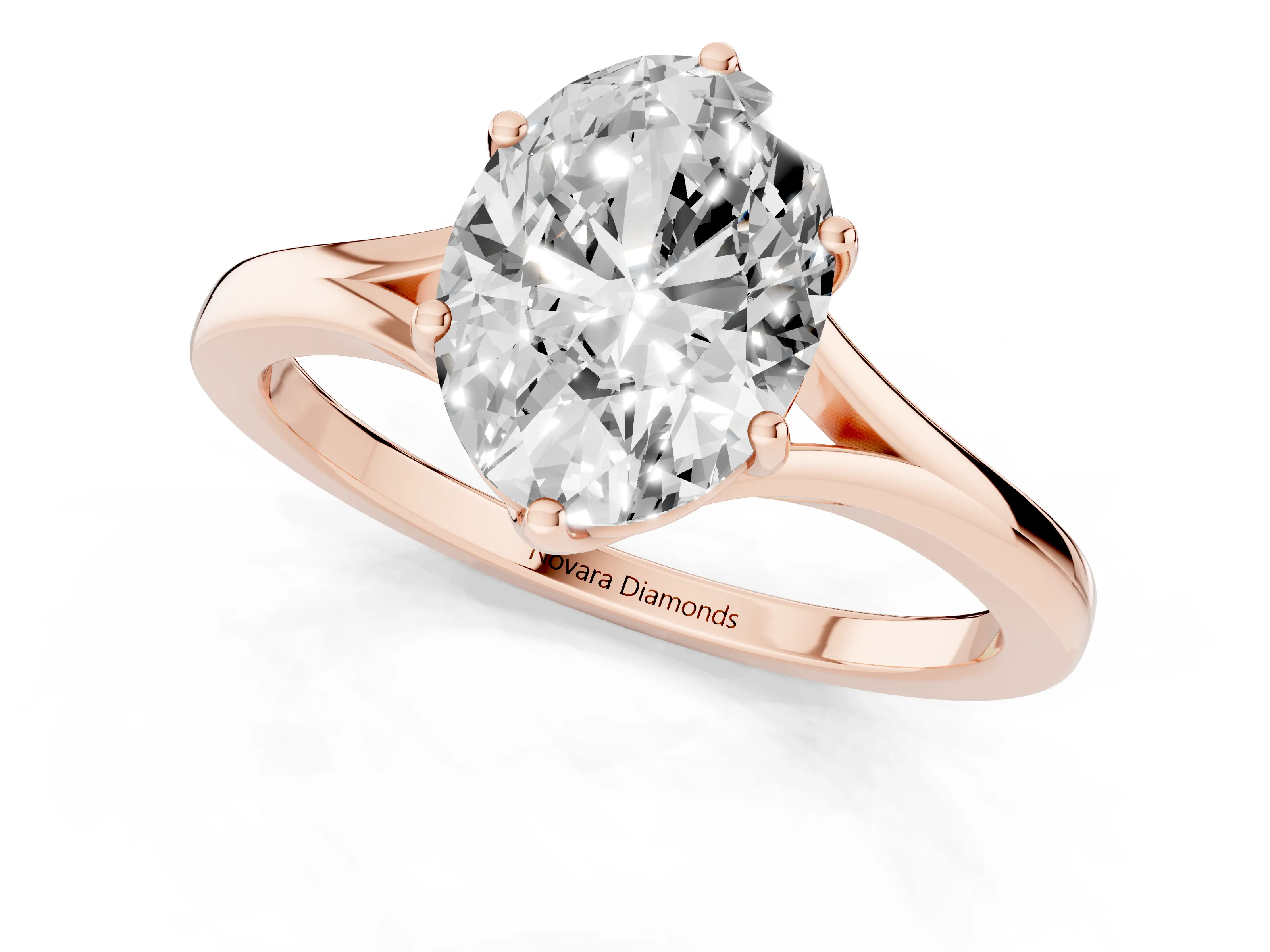 Oval Cut Diamond Solitaire Ring Set in Rose gold with Polished Tapered Band and Prong Setting