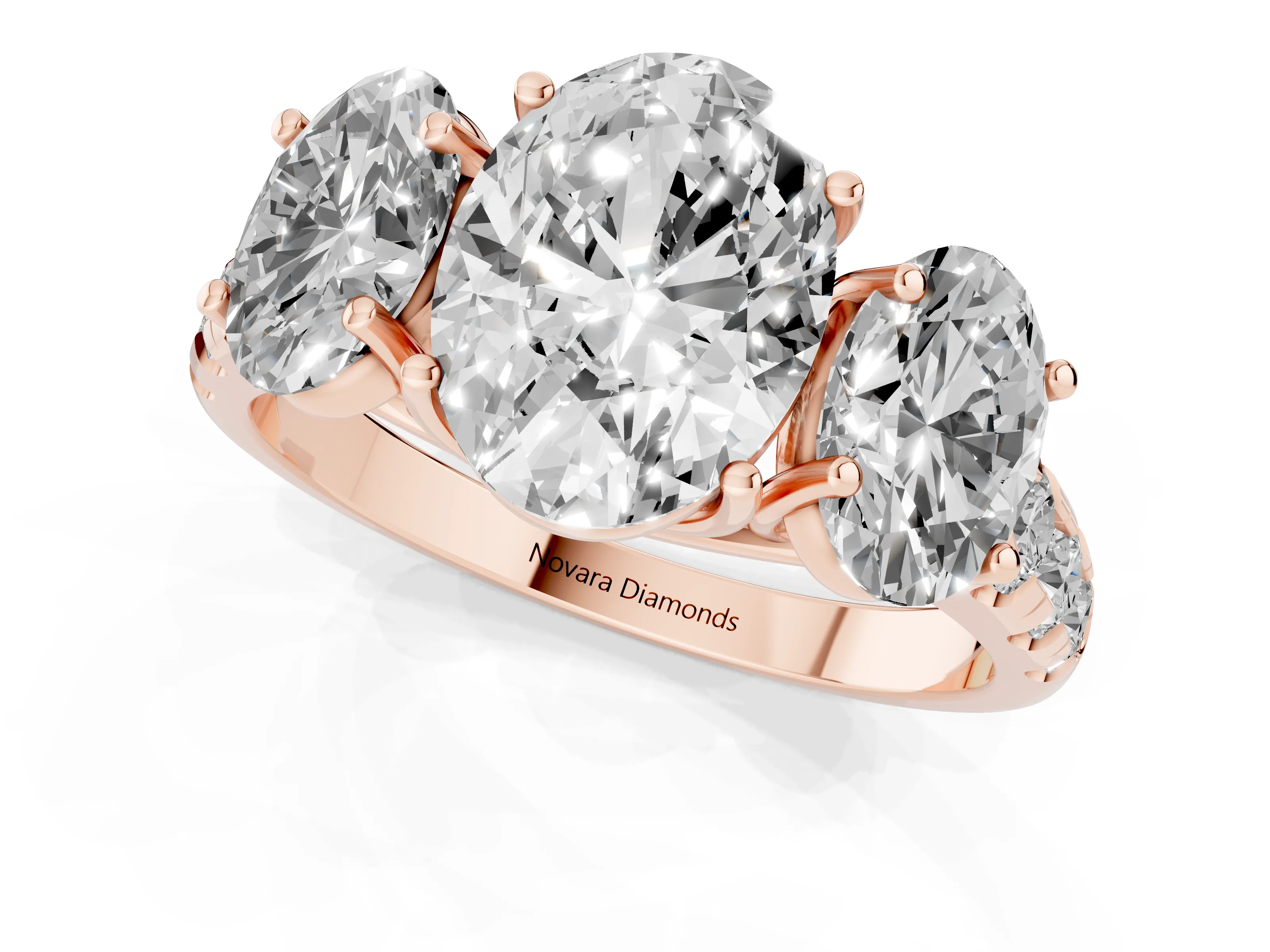 Oval Cut Diamond Three-Stone Ring Set in Rose gold with Pavé Band