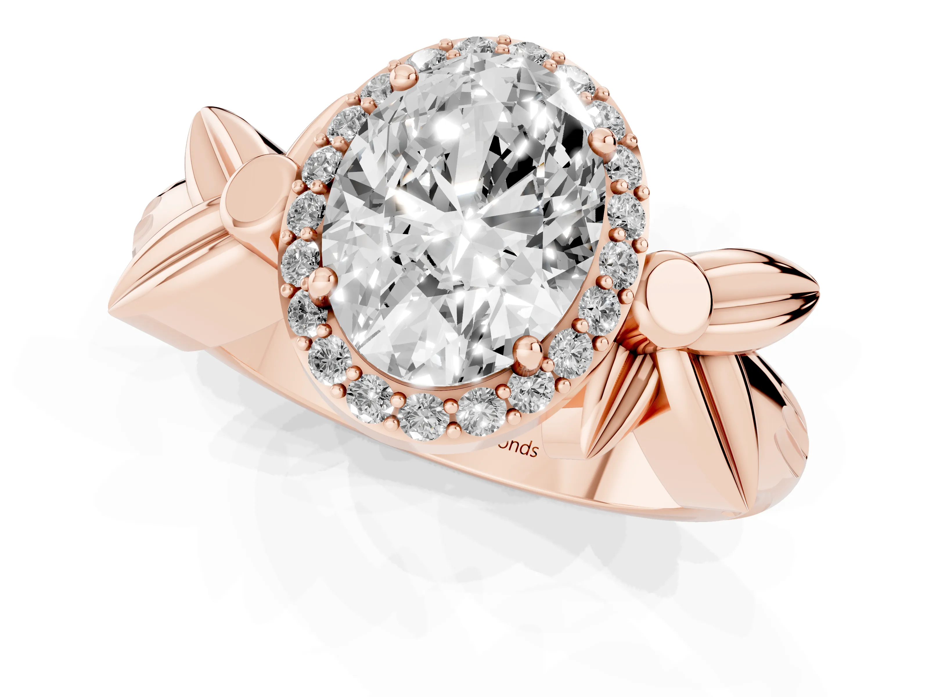 Oval Cut Diamond Halo Floral Band Ring Set in Rose gold with Prong Setting
