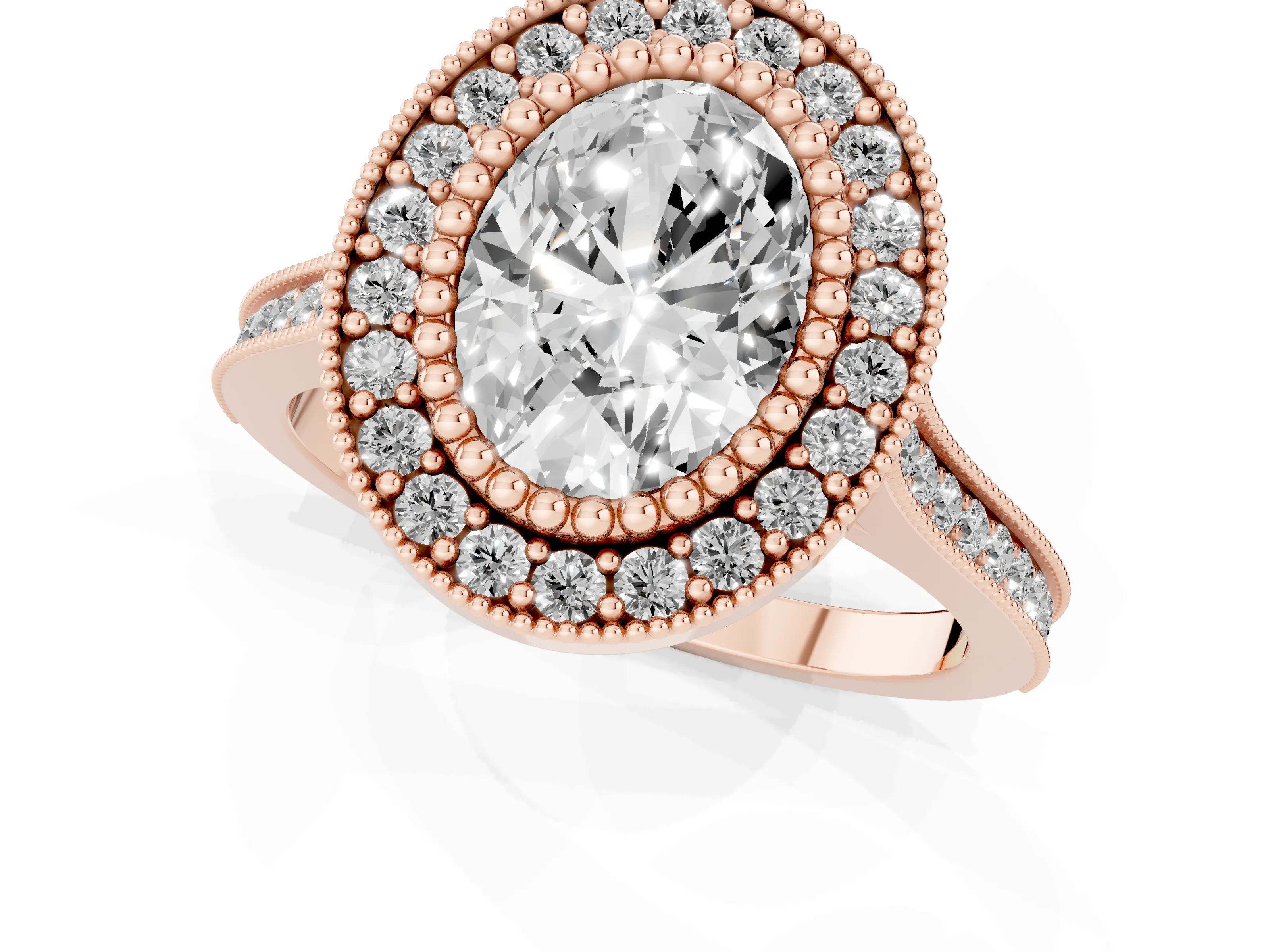 Oval Cut Diamond Halo Ring Set in Rose gold with Milgrain Frame and Pavé Band