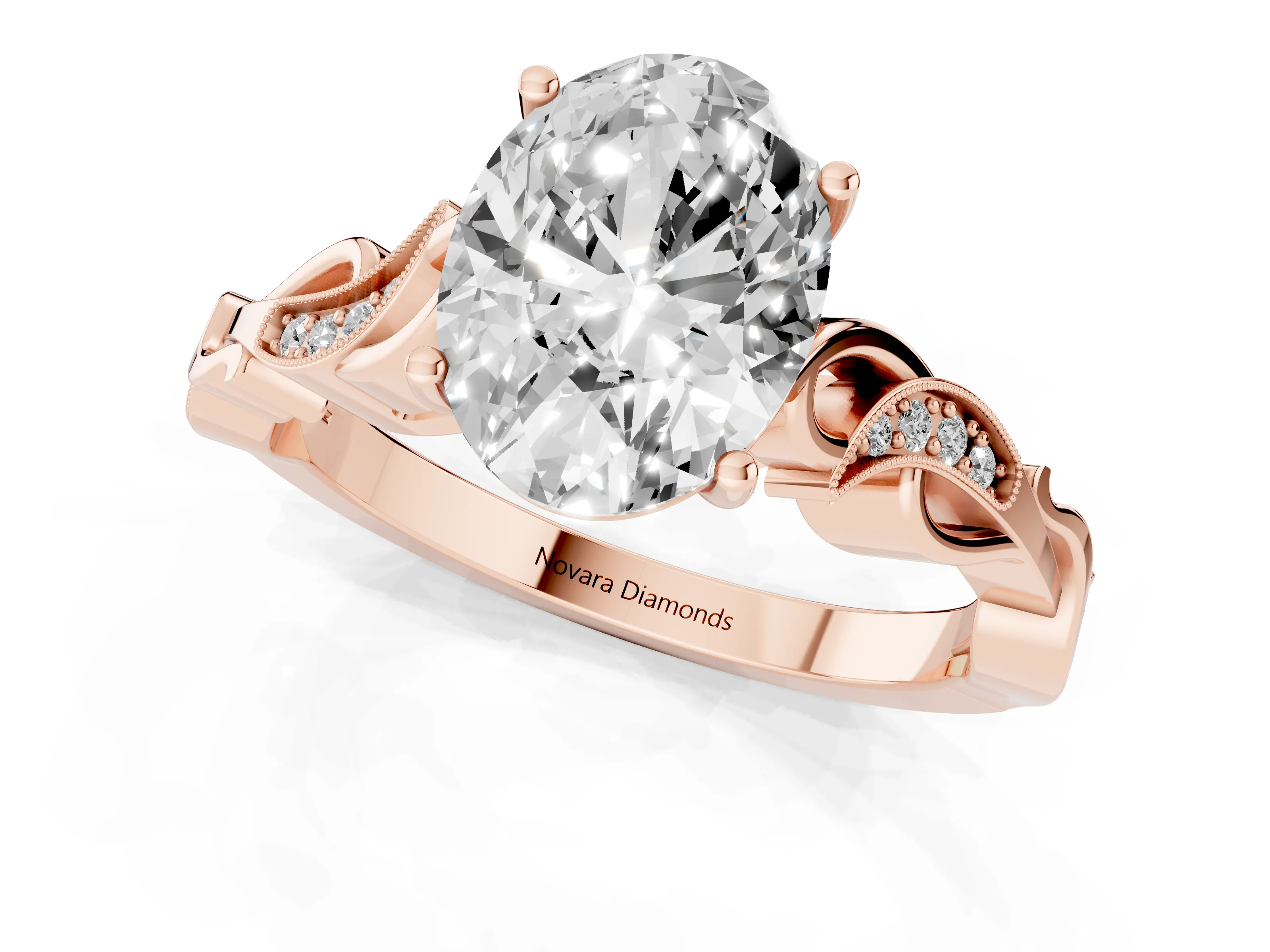 Oval Cut Diamond Vine Band Solitaire Ring Set in Rose gold with Milgrain Prong Setting