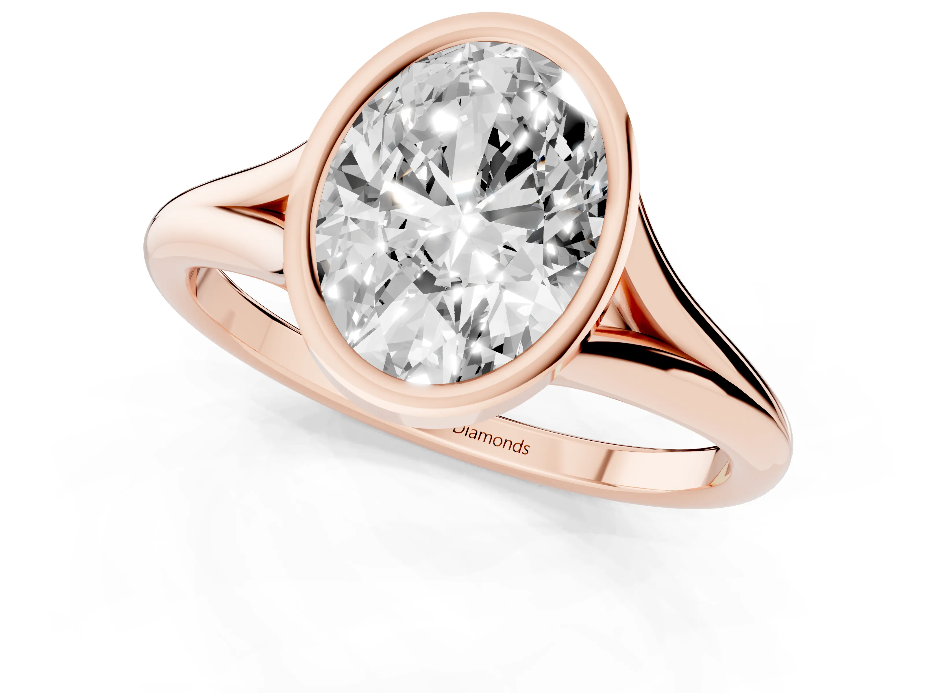 Bezel Set Oval Cut Diamond Solitaire Ring Set in Rose gold with Tapered Band