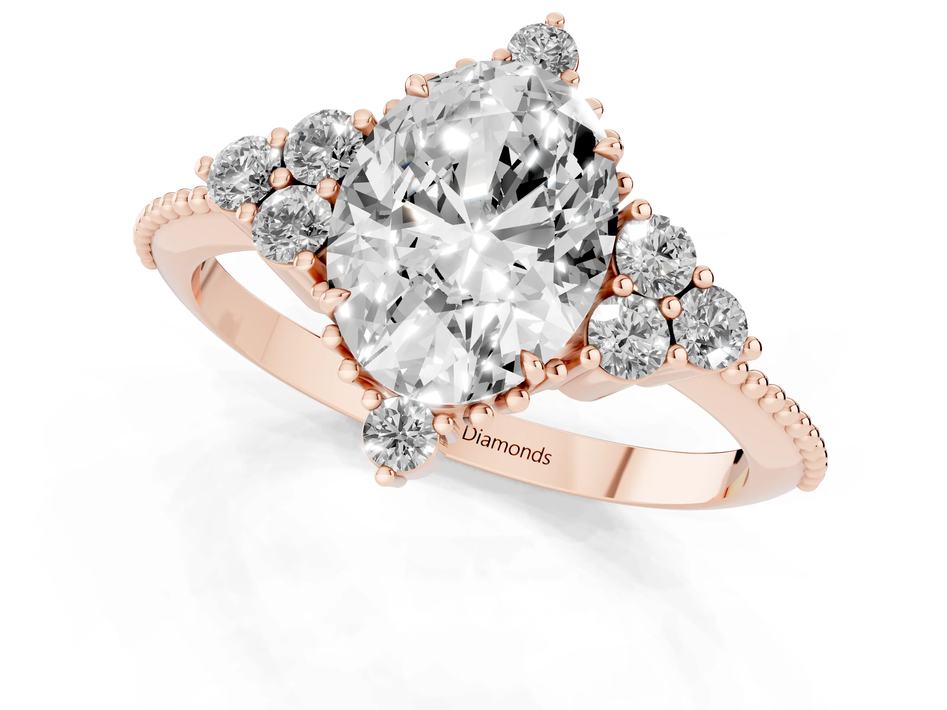 Oval Cut Diamond Cluster Ring Set in Rose gold with Beaded Band
