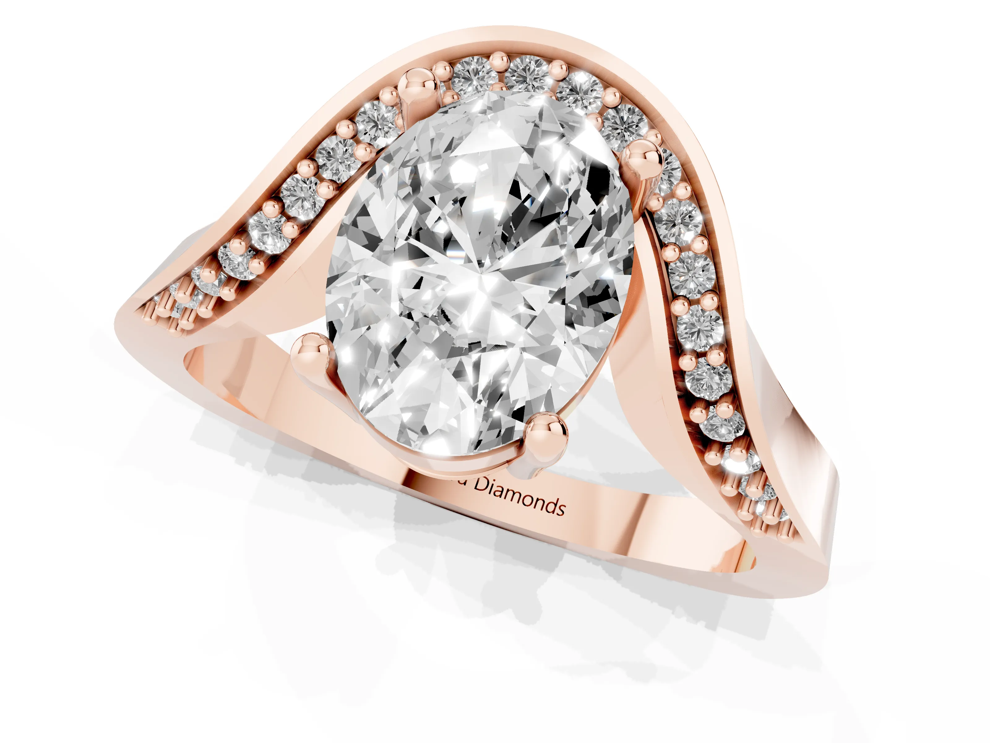Oval Cut Diamond Solitaire Engagement Ring Set in Rose gold with Pavé Shoulders