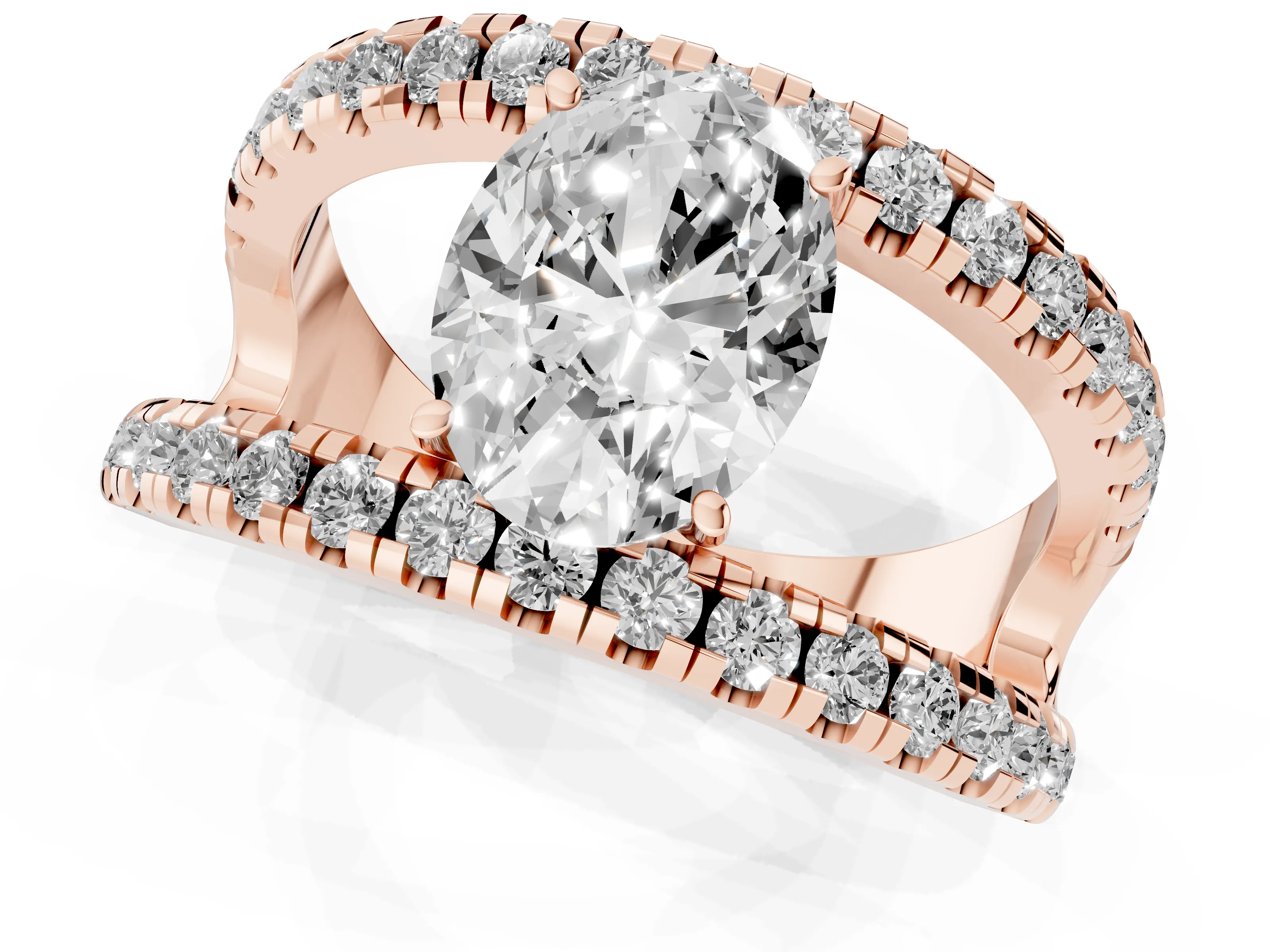 Oval Cut Diamond Split Shank Pavé Solitaire Ring Set in Rose gold with Open Shank Design