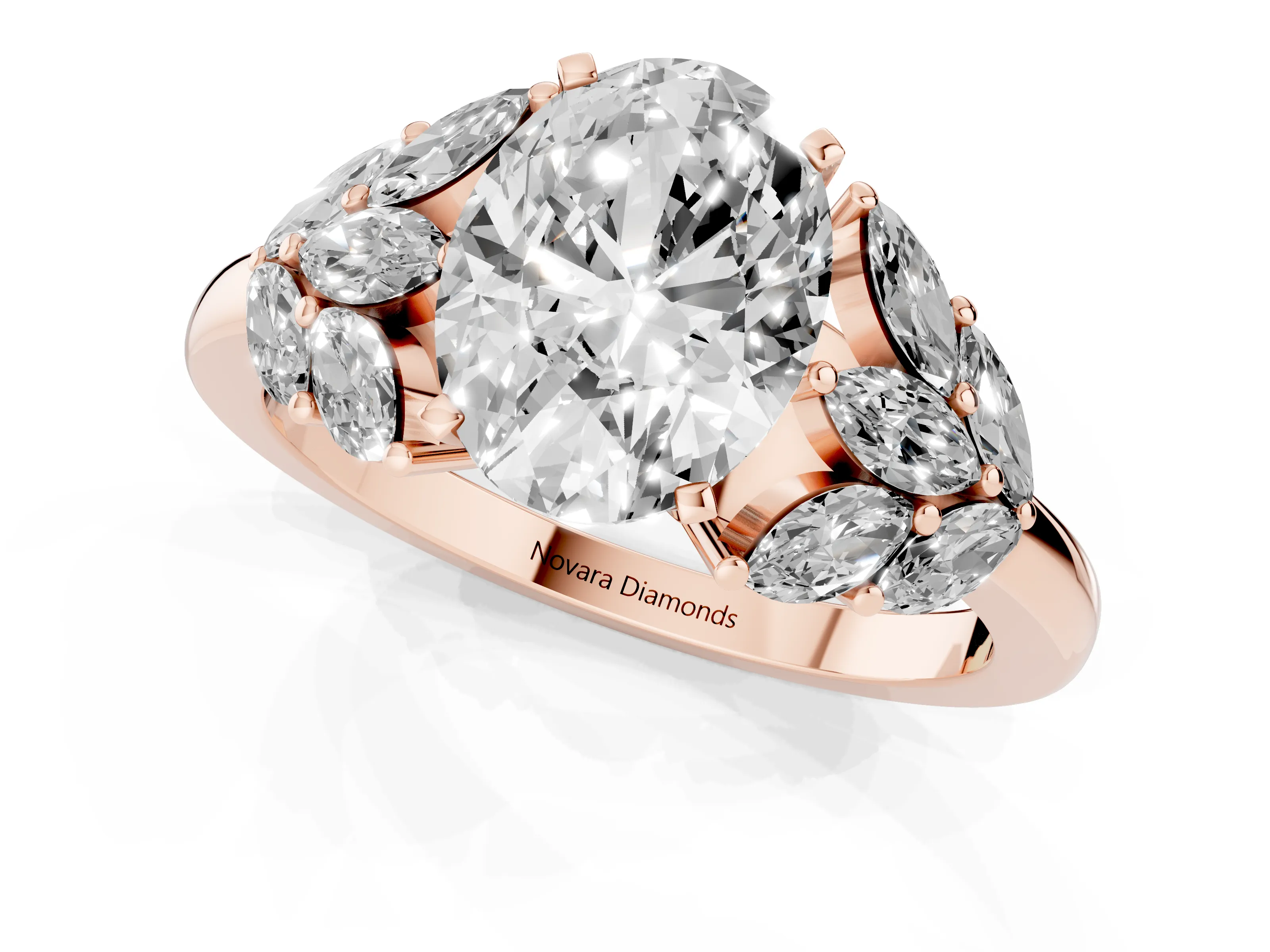 Oval Cut Diamond Cluster Leaf Design Ring Set in Rose gold with Prong Setting
