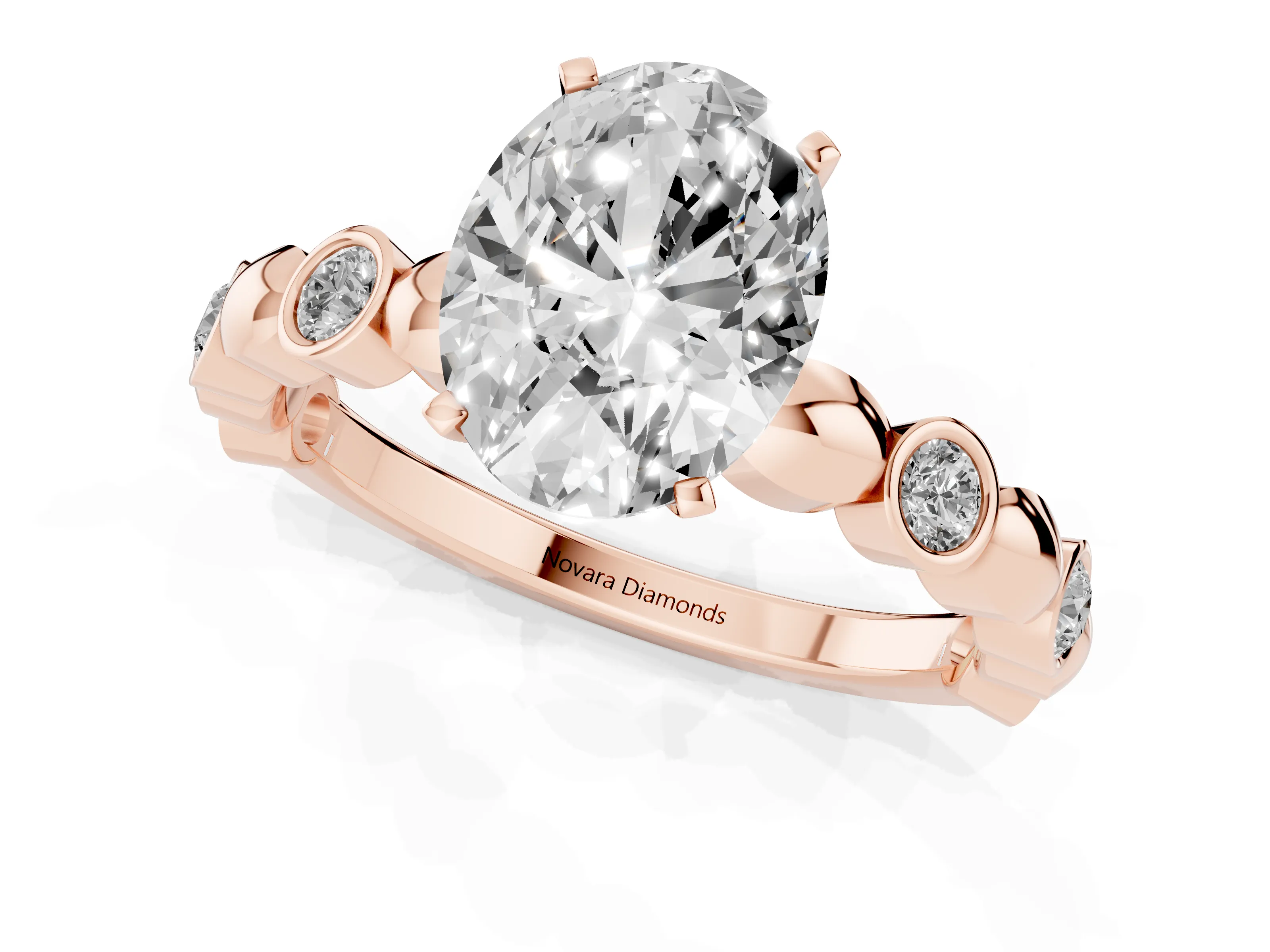 Oval Cut Diamond Solitaire Ring Set in Rose gold with Bezel-Set Accents on Beaded Band and Prong Setting