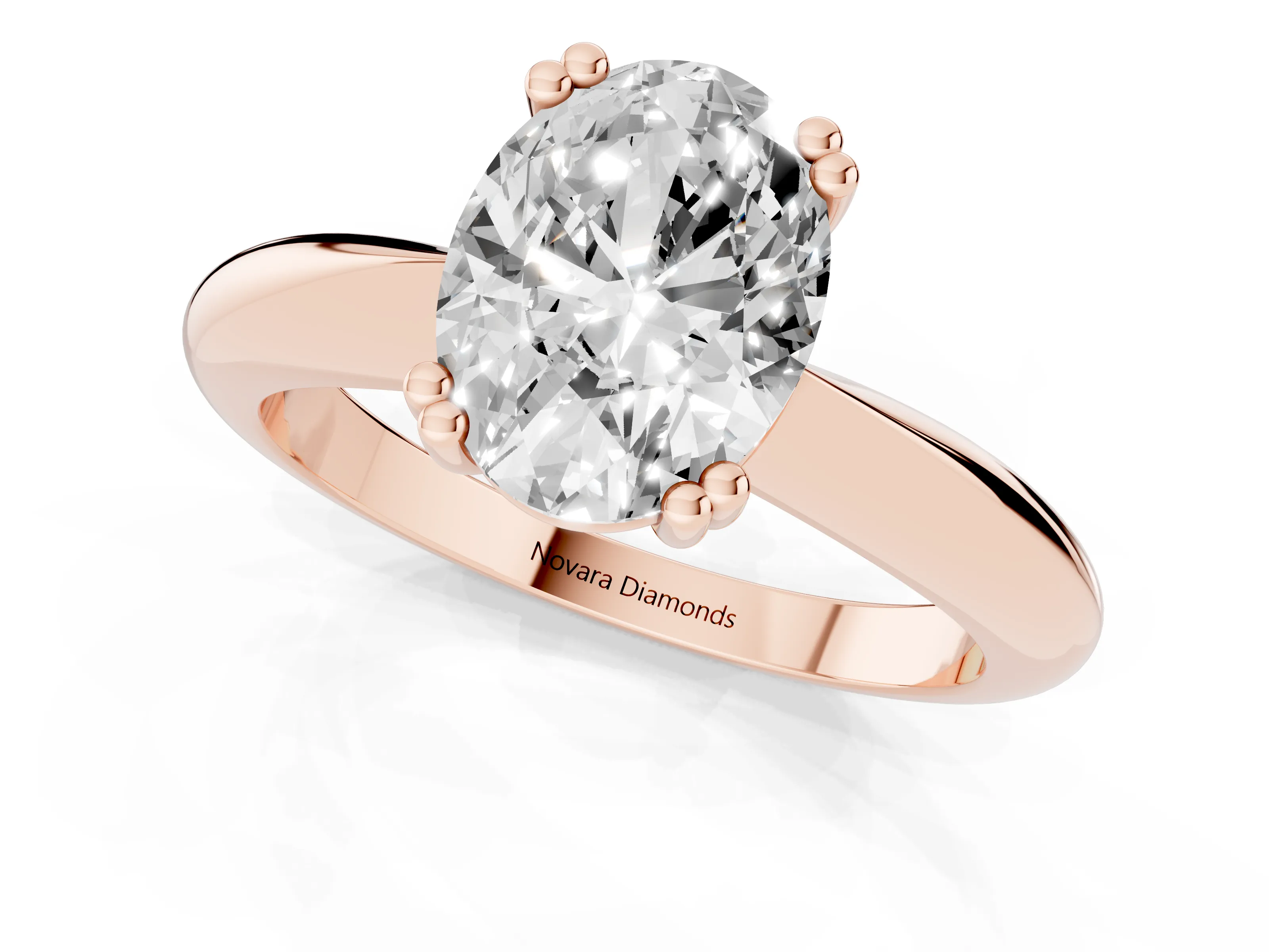 Oval Cut Diamond Solitaire Engagement Ring Set in Rose gold with Tapered Band and Prong Setting