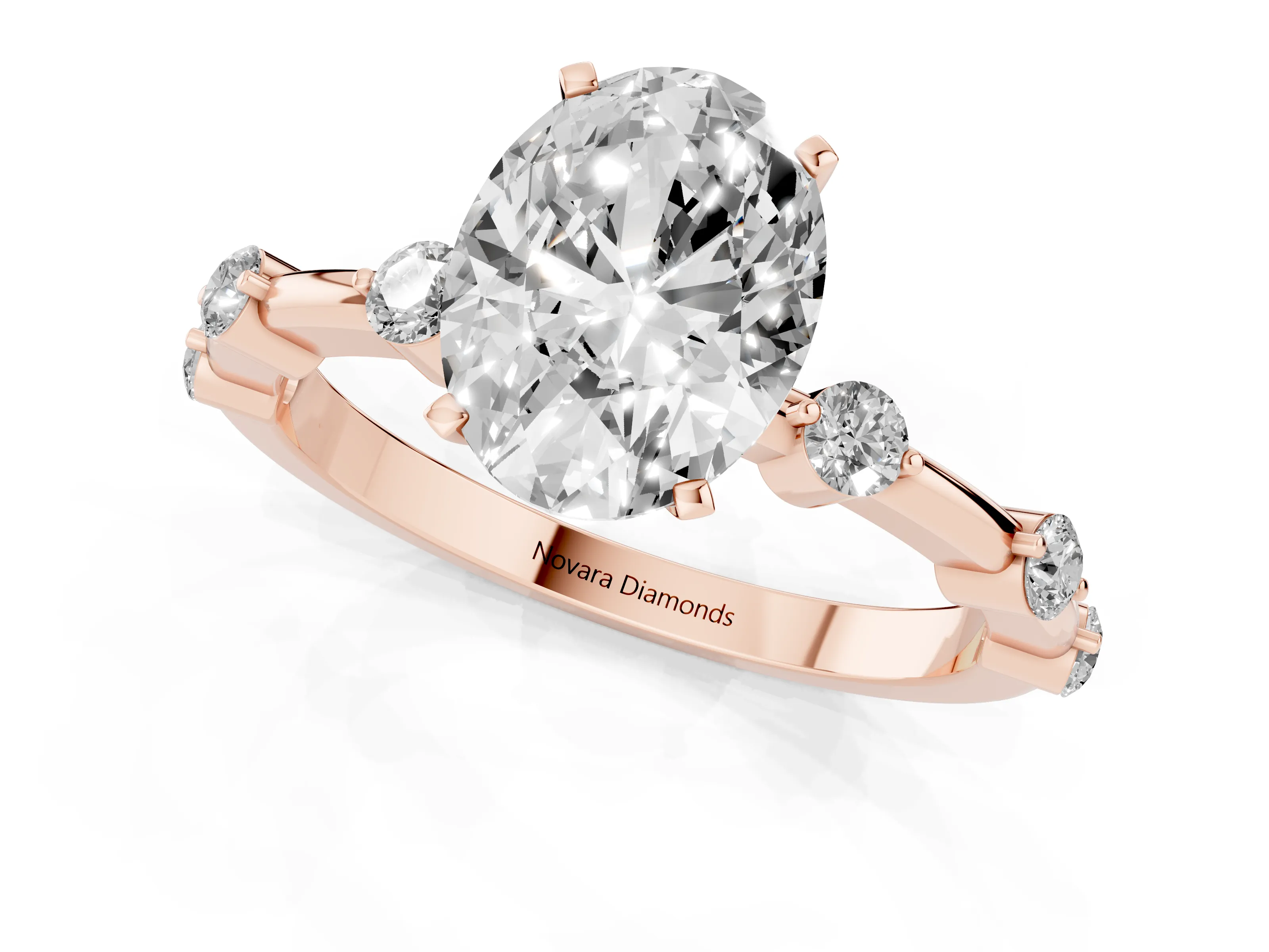 Oval Cut Diamond Solitaire Ring Set in Rose gold with Bezel Set Side Stones and Prong Setting
