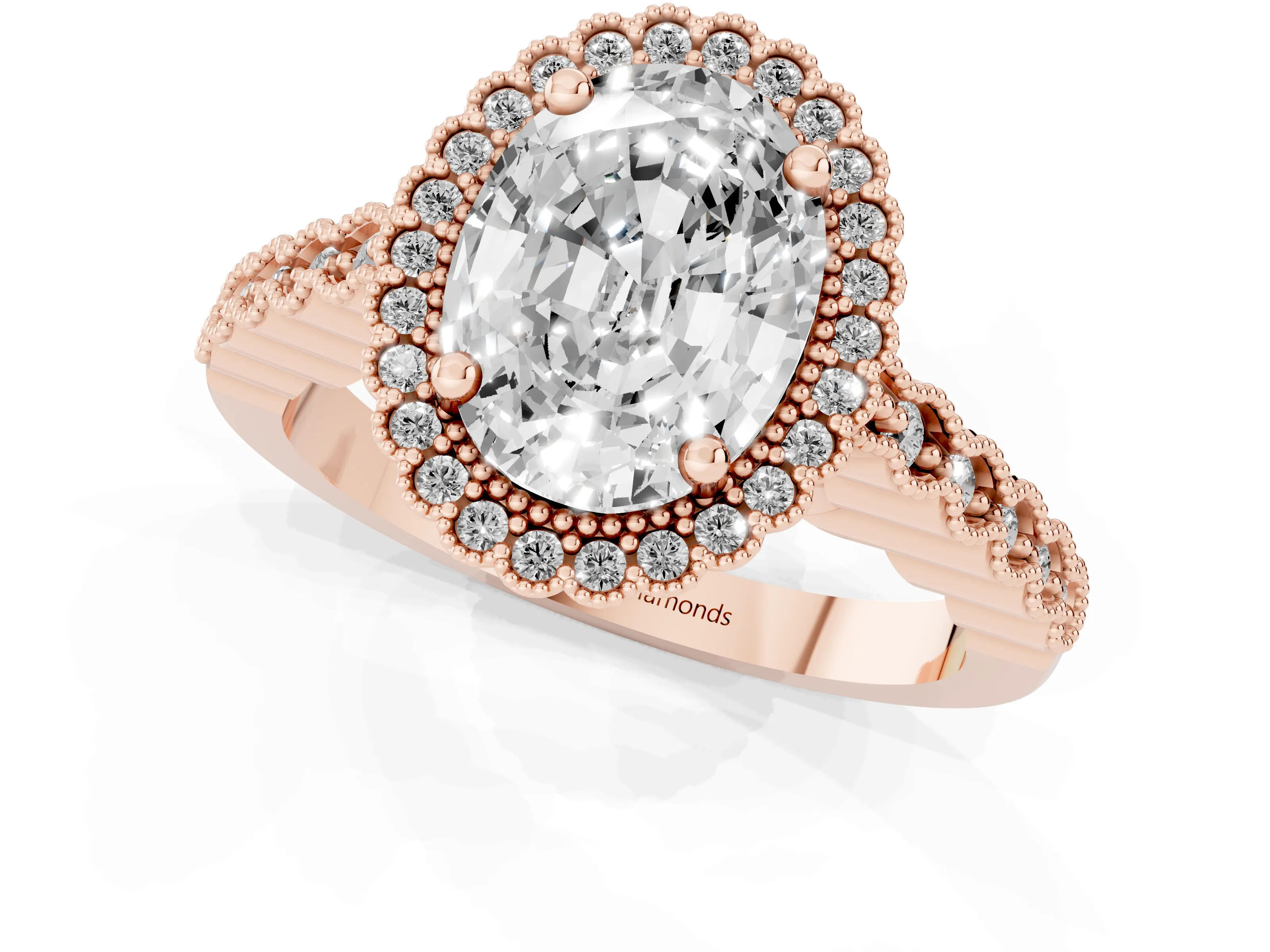 Oval Cut Diamond Halo Ring Set in Rose gold with Pavé Milgrain Band