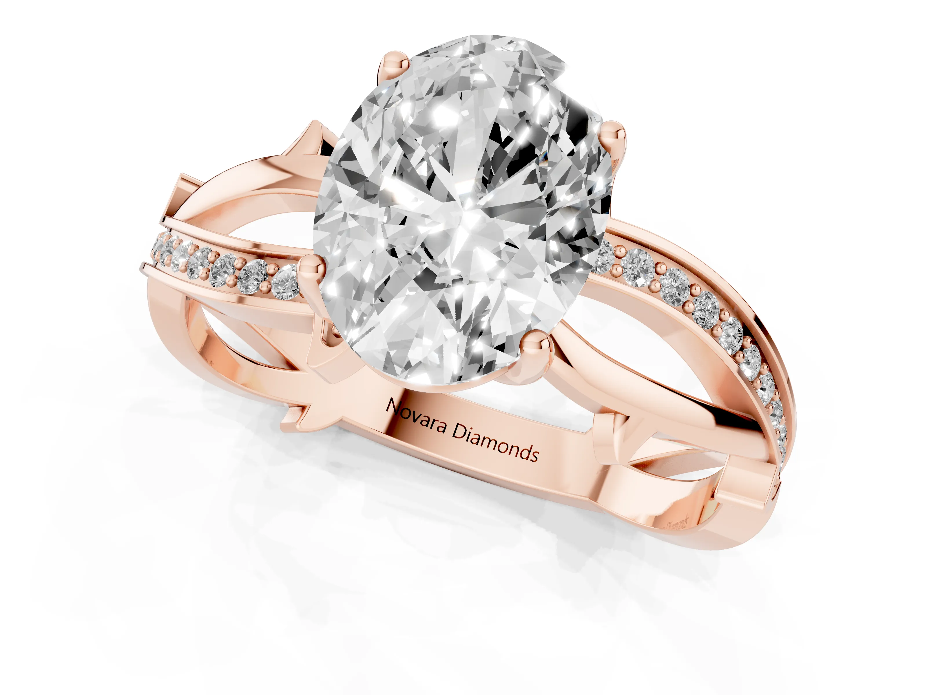 Oval Cut Diamond Pavé Twist Band Solitaire Ring Set in Rose gold with Prong Setting