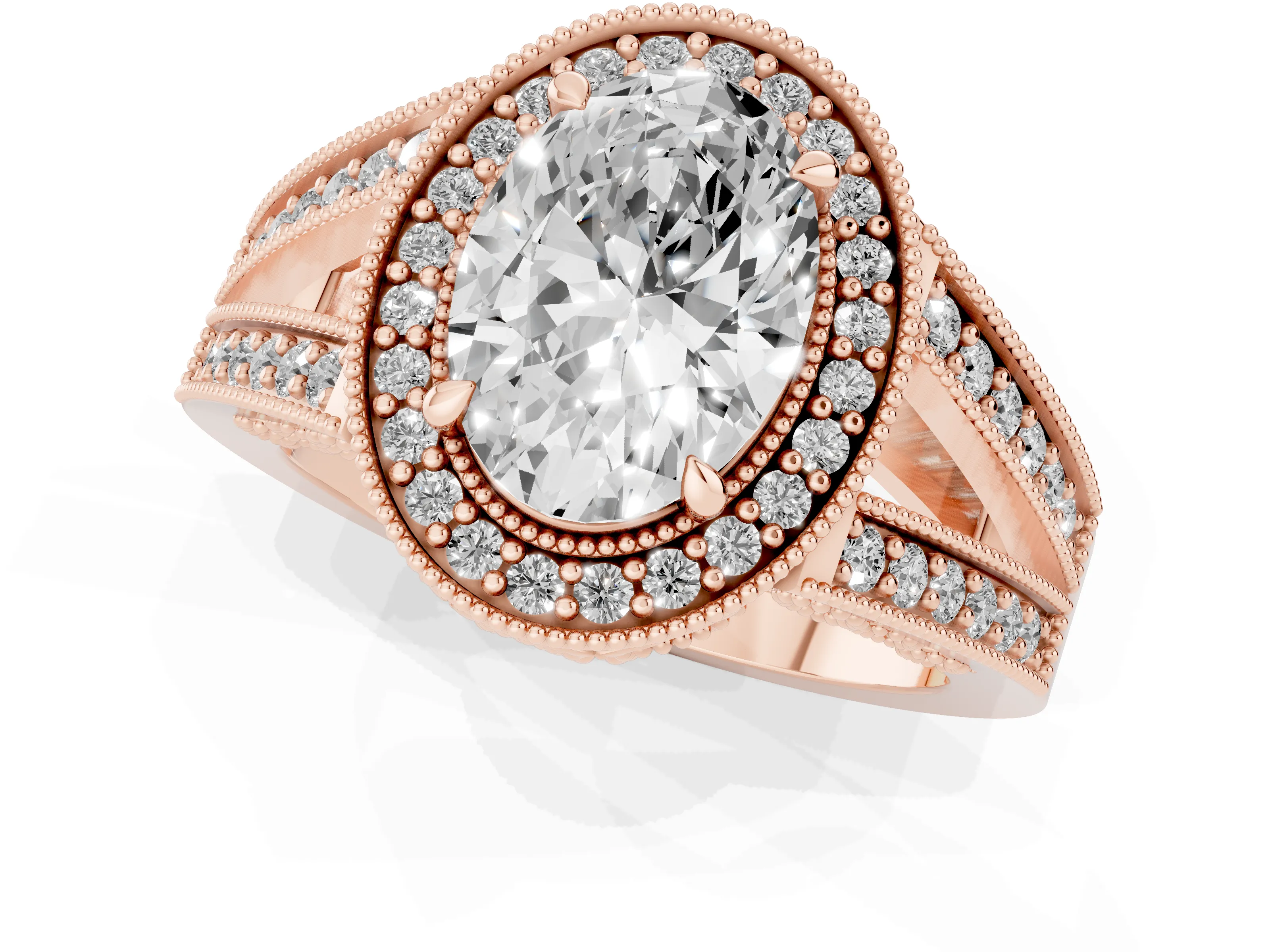 Oval Cut Diamond Halo Ring Set in Rose gold with Stone-Set Split Shank and Milgrain Edges
