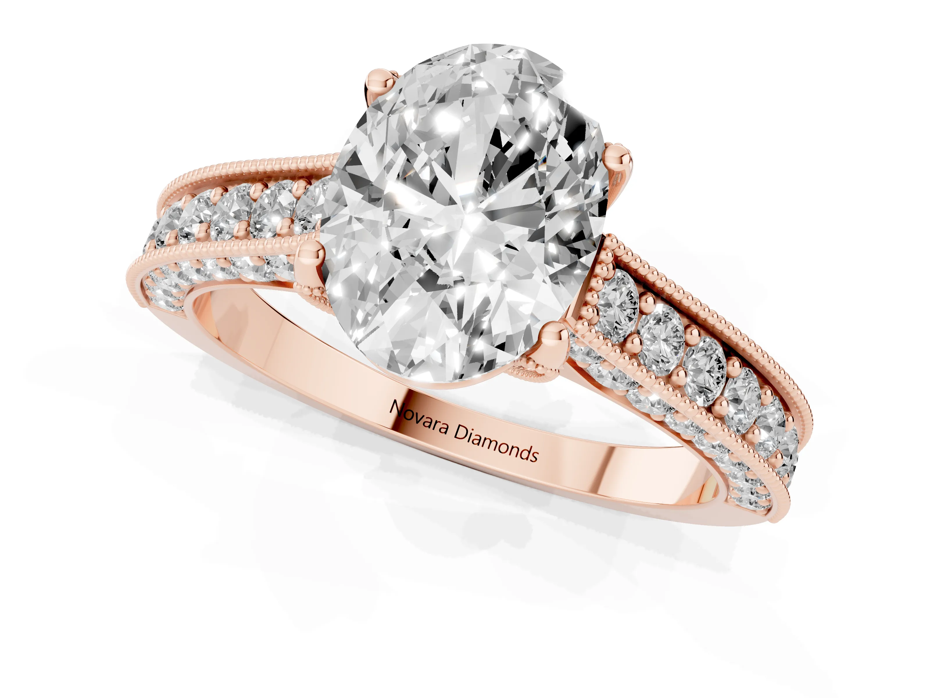 Oval Cut Diamond Solitaire Ring Set in Rose gold with Milgrain-Edged Pavé Band and Prong Setting