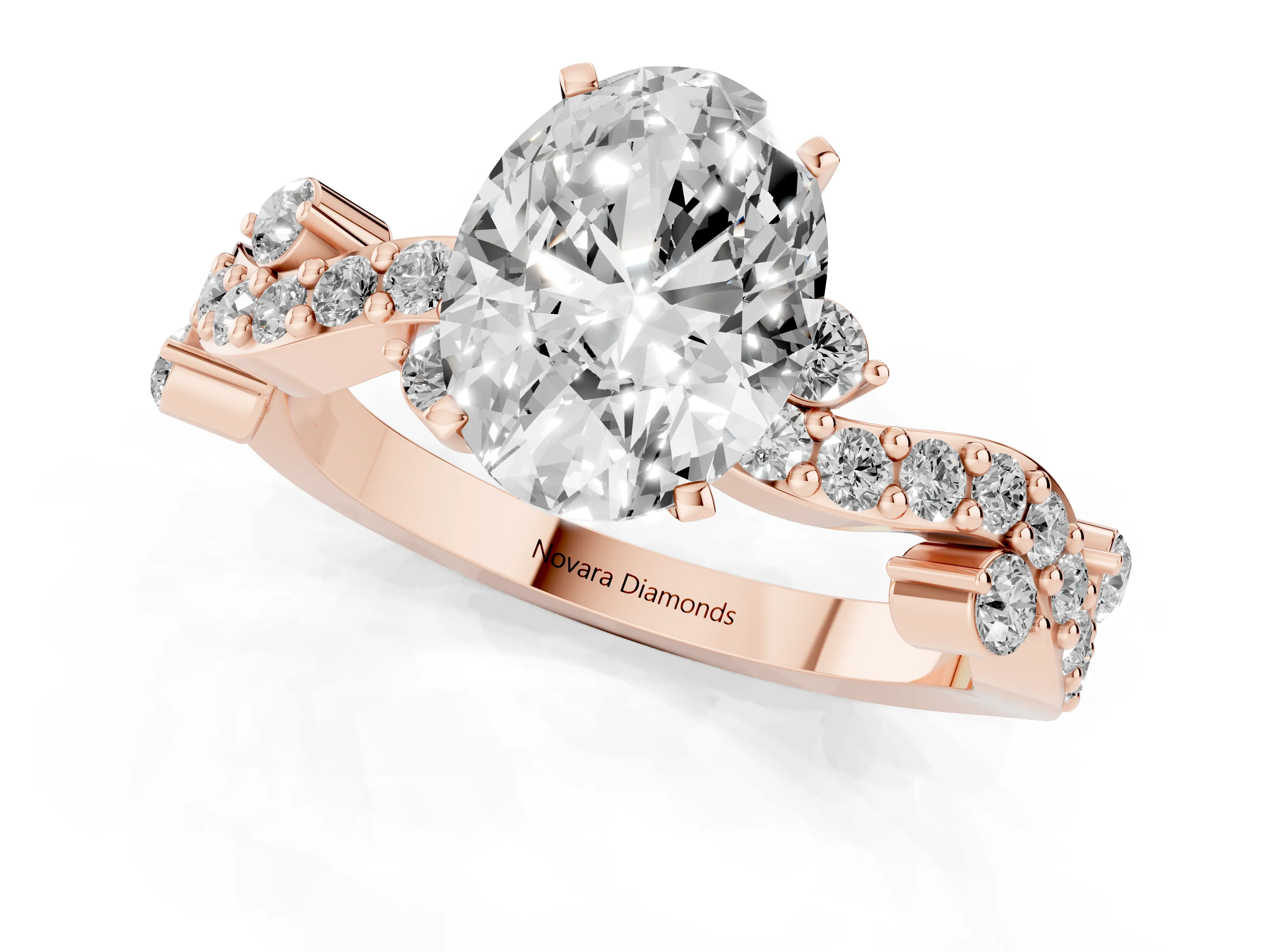 Oval Cut Diamond Solitaire Twisted Band Set in Rose gold with Pavé Setting