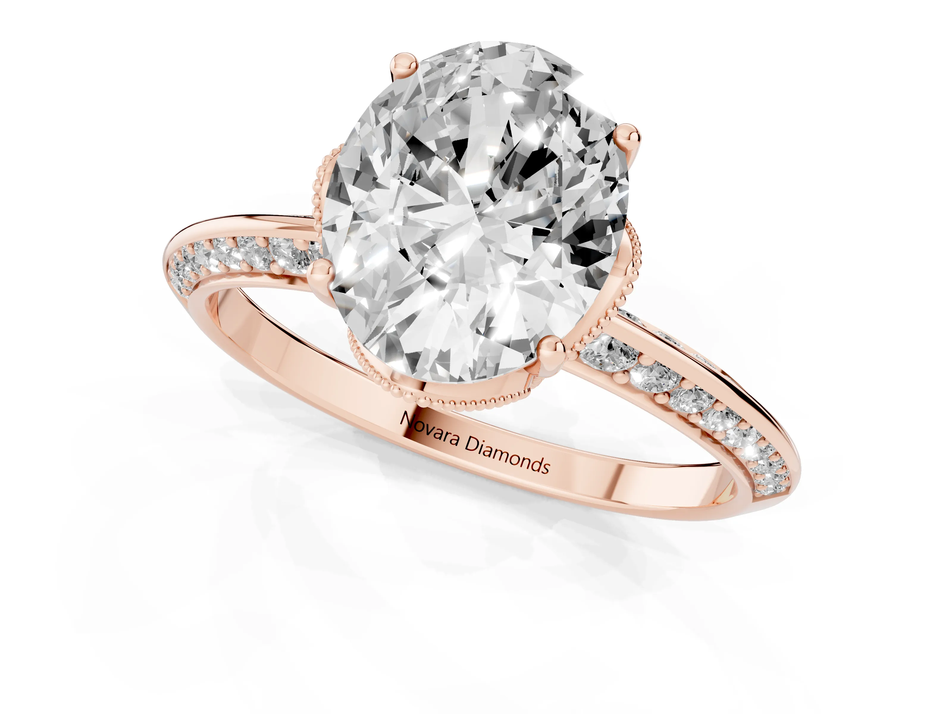 Oval Cut Diamond Solitaire Engagement Ring Set in Rose gold with Pavé Split Shank and Prong Setting