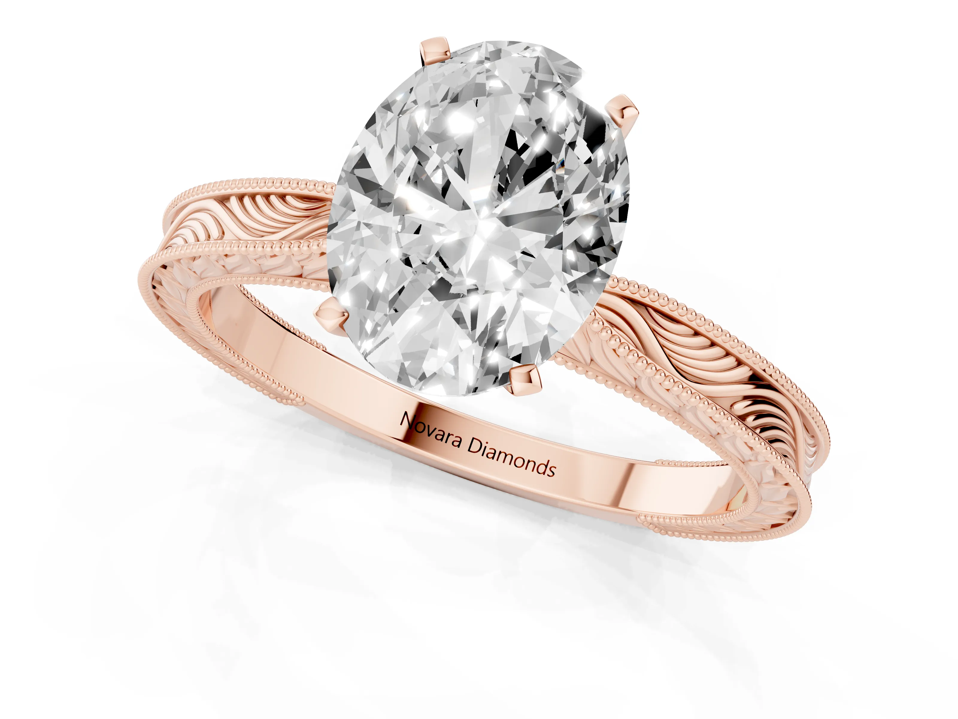 Oval Cut Diamond Solitaire Milgrain Engraved Band Set in Rose gold with Prong Setting